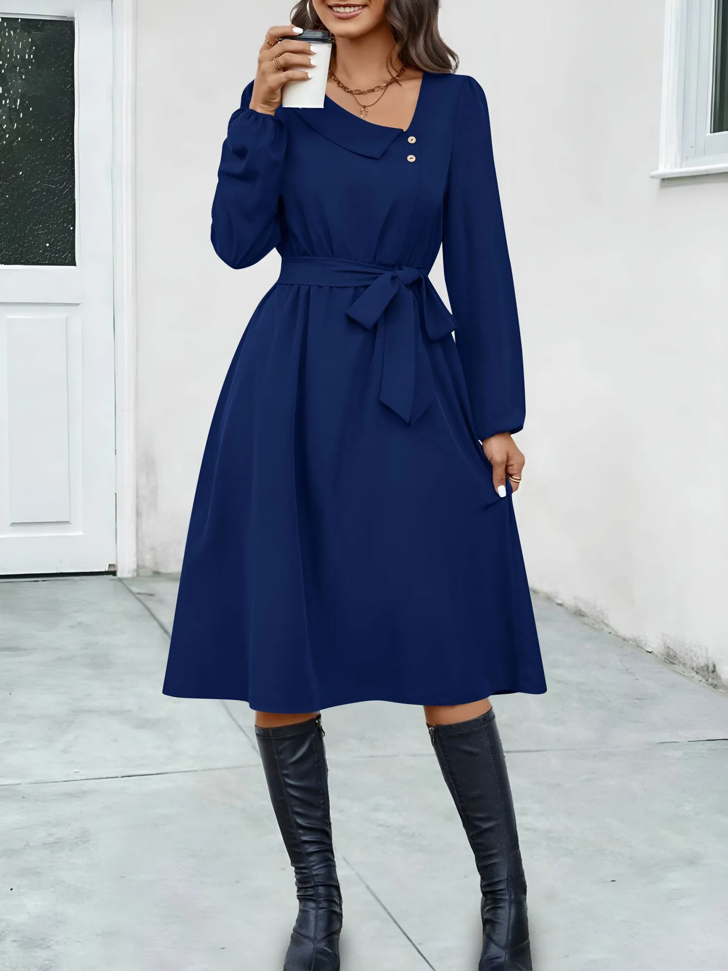Irregular Collar Button Long Sleeve Midi A-Line Dress sold by Allegra K product image thumbnail 5