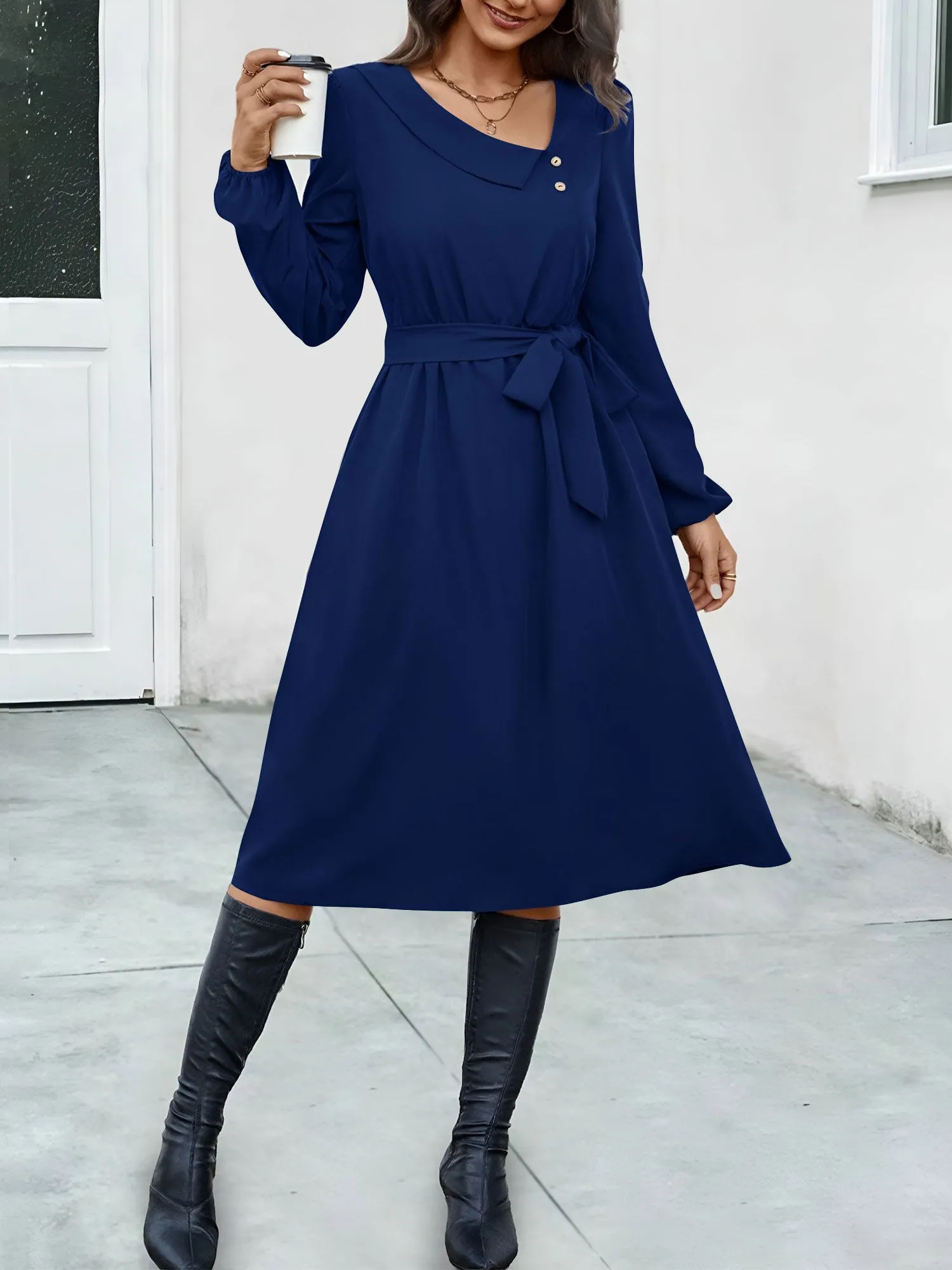 Irregular Collar Button Long Sleeve Midi A-Line Dress sold by Allegra K product image thumbnail 4