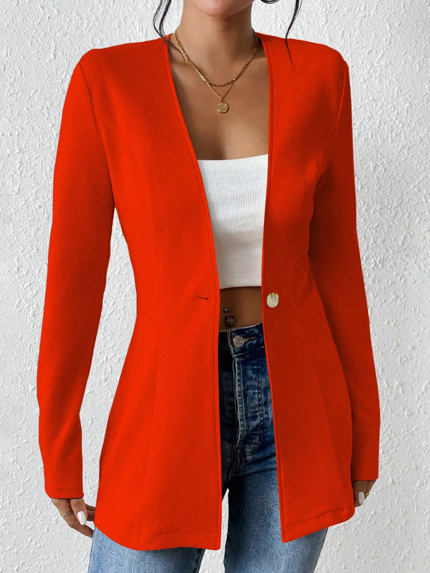 Single Button Solid Color Long Sleeve Jacket sold by Allegra K