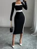 Square Neck Long Sleeves Colorblock Bodycon Dress sold by Allegra K