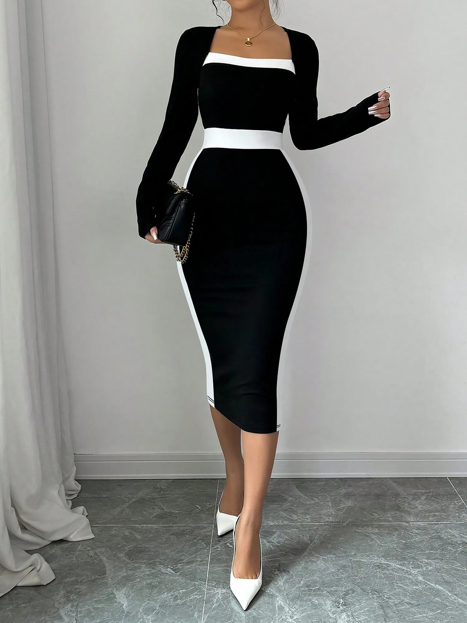 Square Neck Long Sleeves Colorblock Bodycon Dress sold by Allegra K
