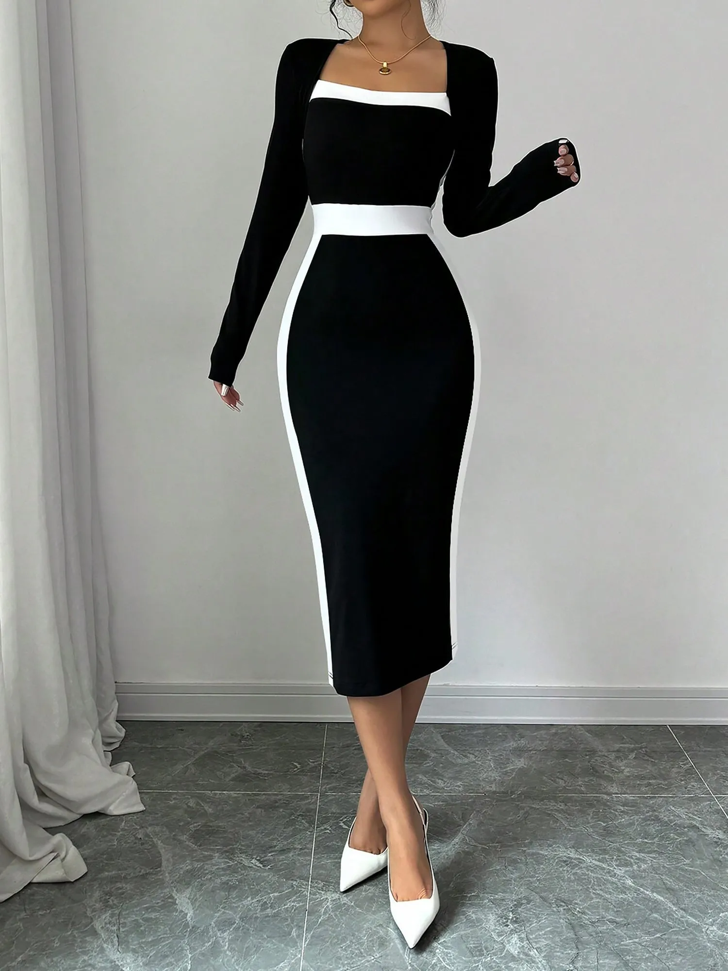 Square Neck Long Sleeves Colorblock Bodycon Dress sold by Allegra K product image thumbnail 3