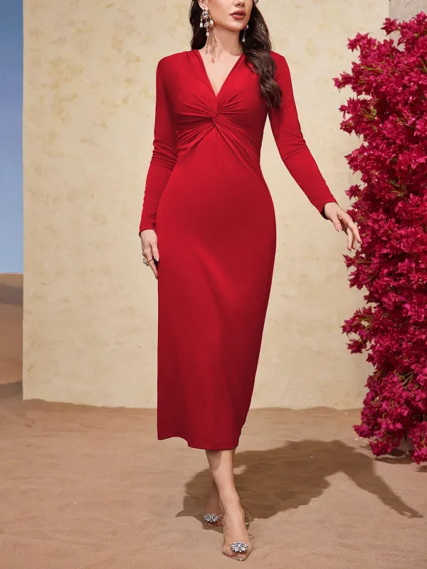 V Neck Ruched Long Sleeves Solid Color Dress sold by Allegra K