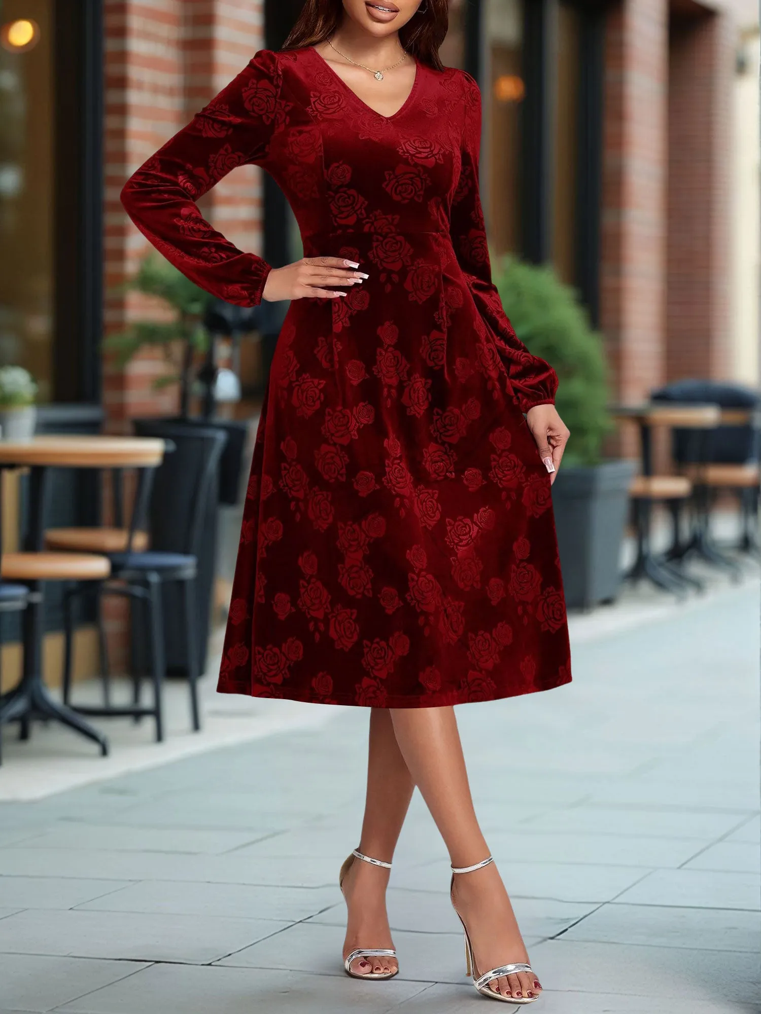 Velvet Embossed V Neck Puff Sleeves A-Line Dress sold by Allegra K product image thumbnail 4