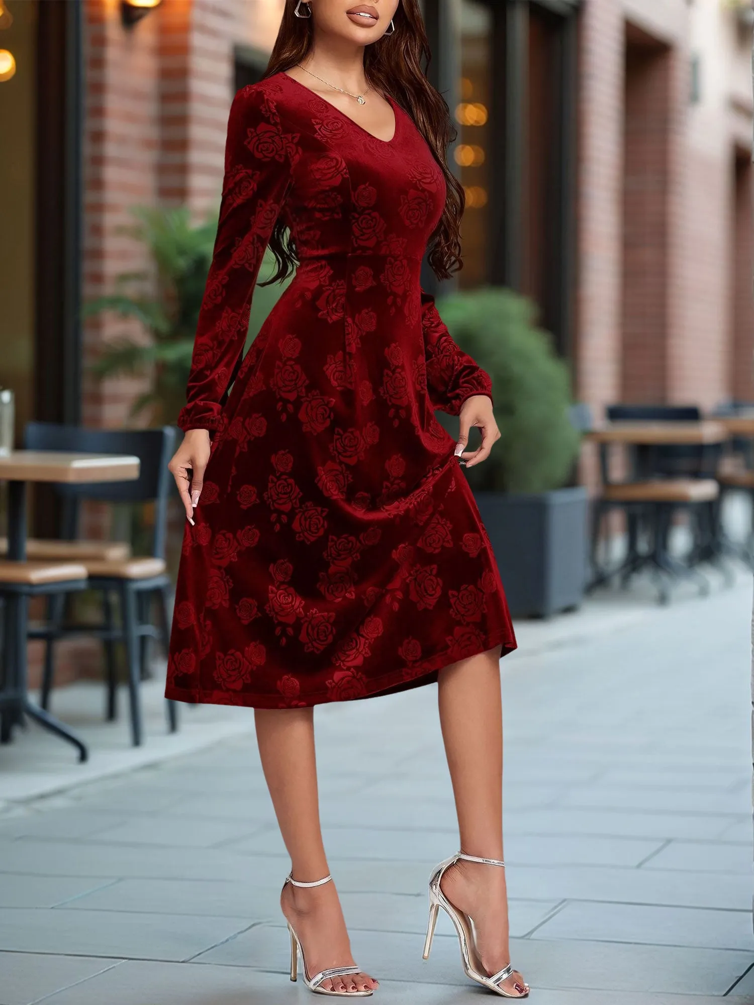 Velvet Embossed V Neck Puff Sleeves A-Line Dress sold by Allegra K product image thumbnail 3