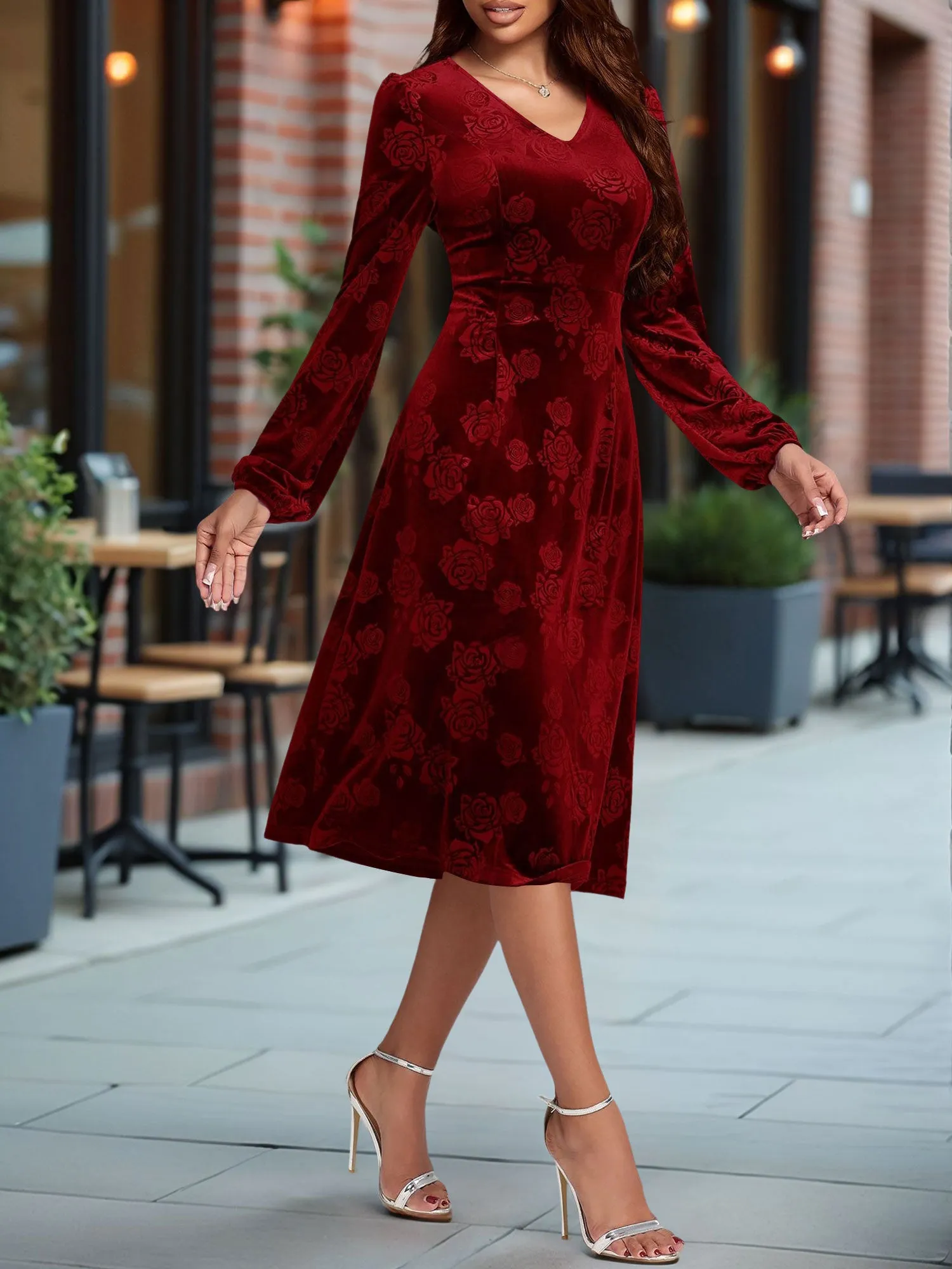 Velvet Embossed V Neck Puff Sleeves A-Line Dress sold by Allegra K product image thumbnail 5