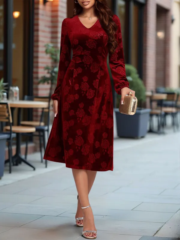 Velvet Embossed V Neck Puff Sleeves A-Line Dress sold by Allegra K