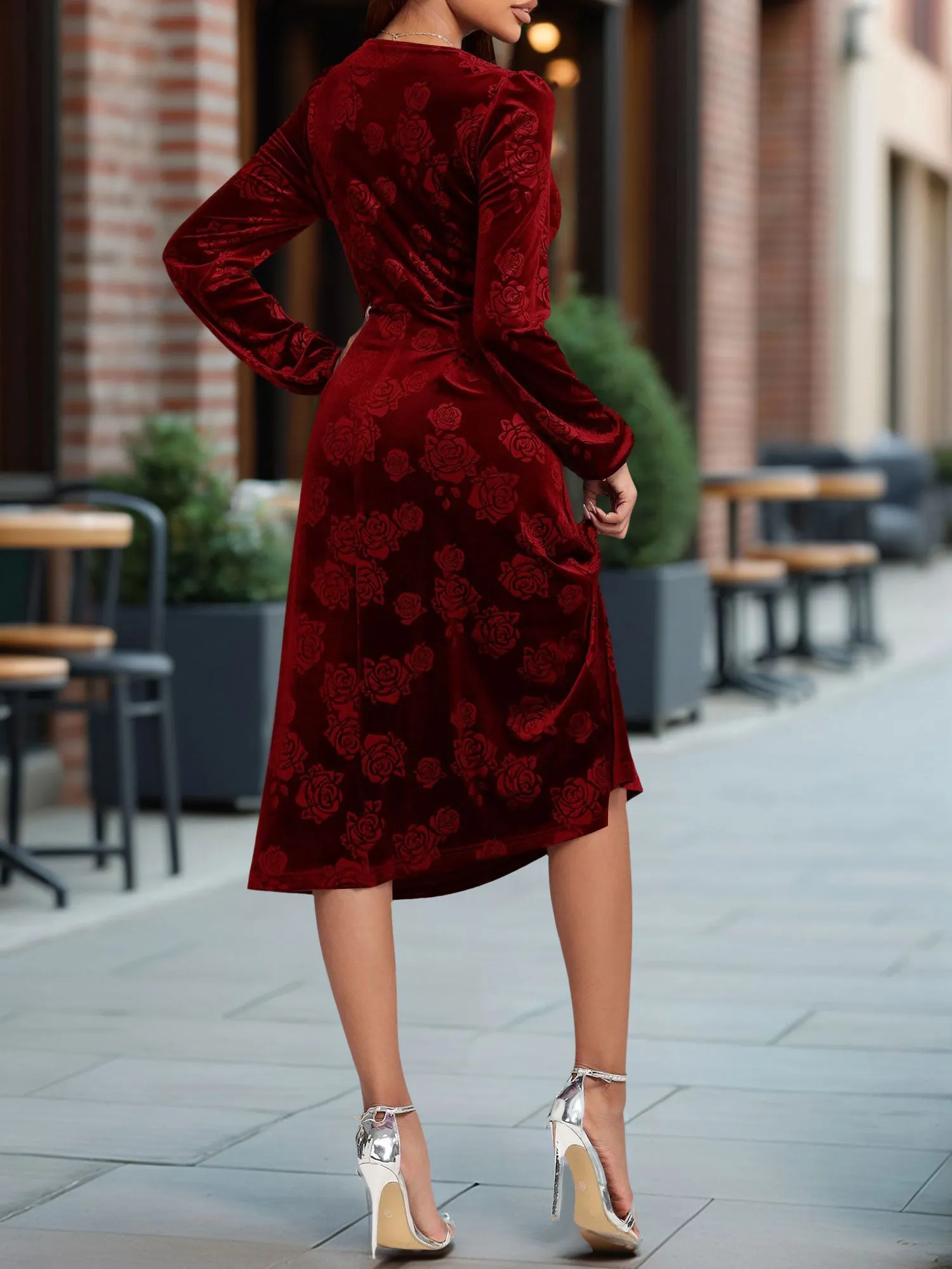 Velvet Embossed V Neck Puff Sleeves A-Line Dress sold by Allegra K product image thumbnail 2