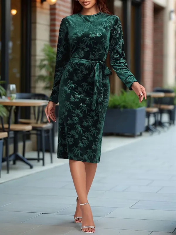 Round Neck Long Sleeves Velvet Midi Dress sold by Allegra K