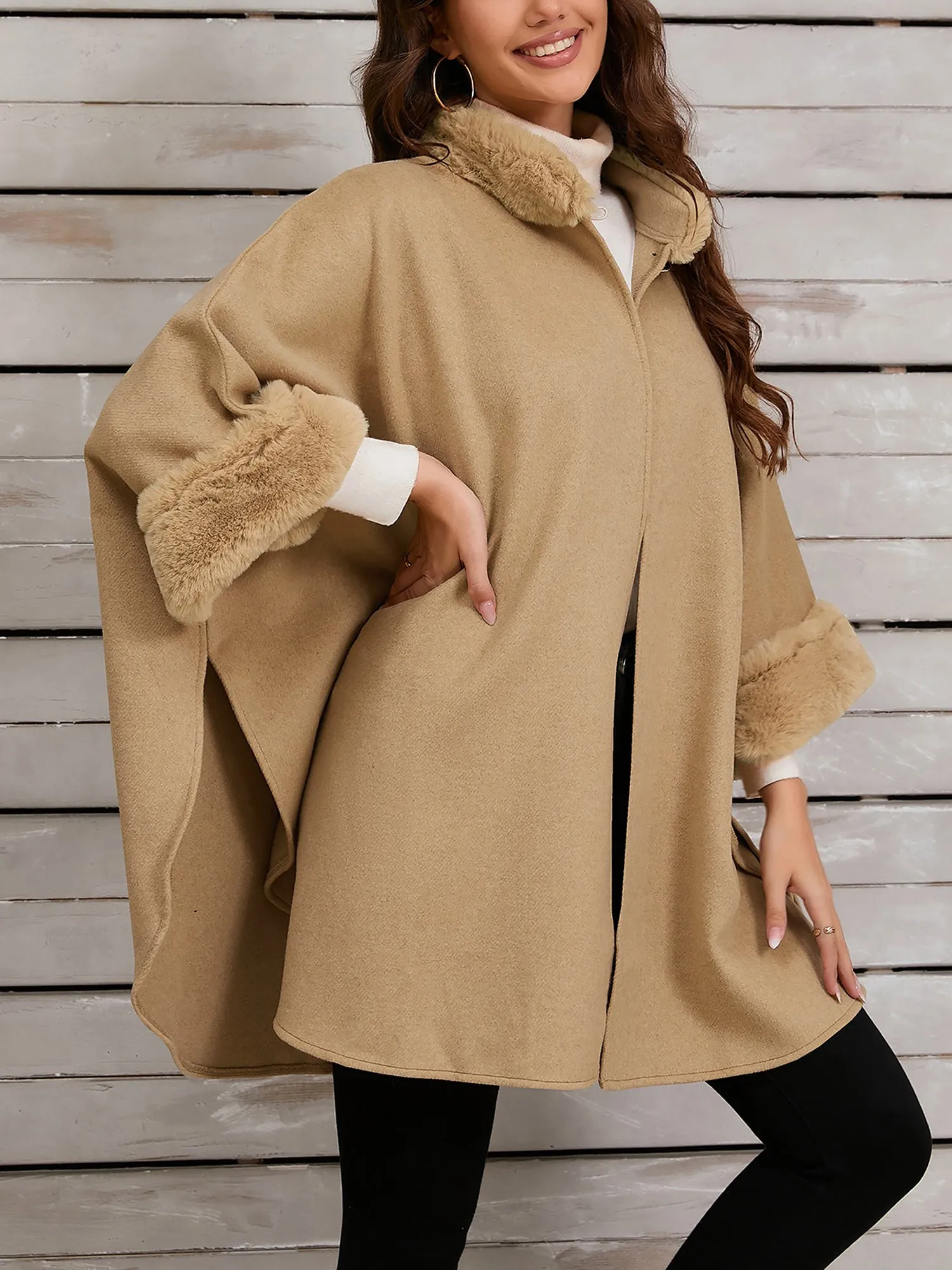 Faux Fur Collar Solid Color Cape Cloak Coat sold by Allegra K product image thumbnail 4