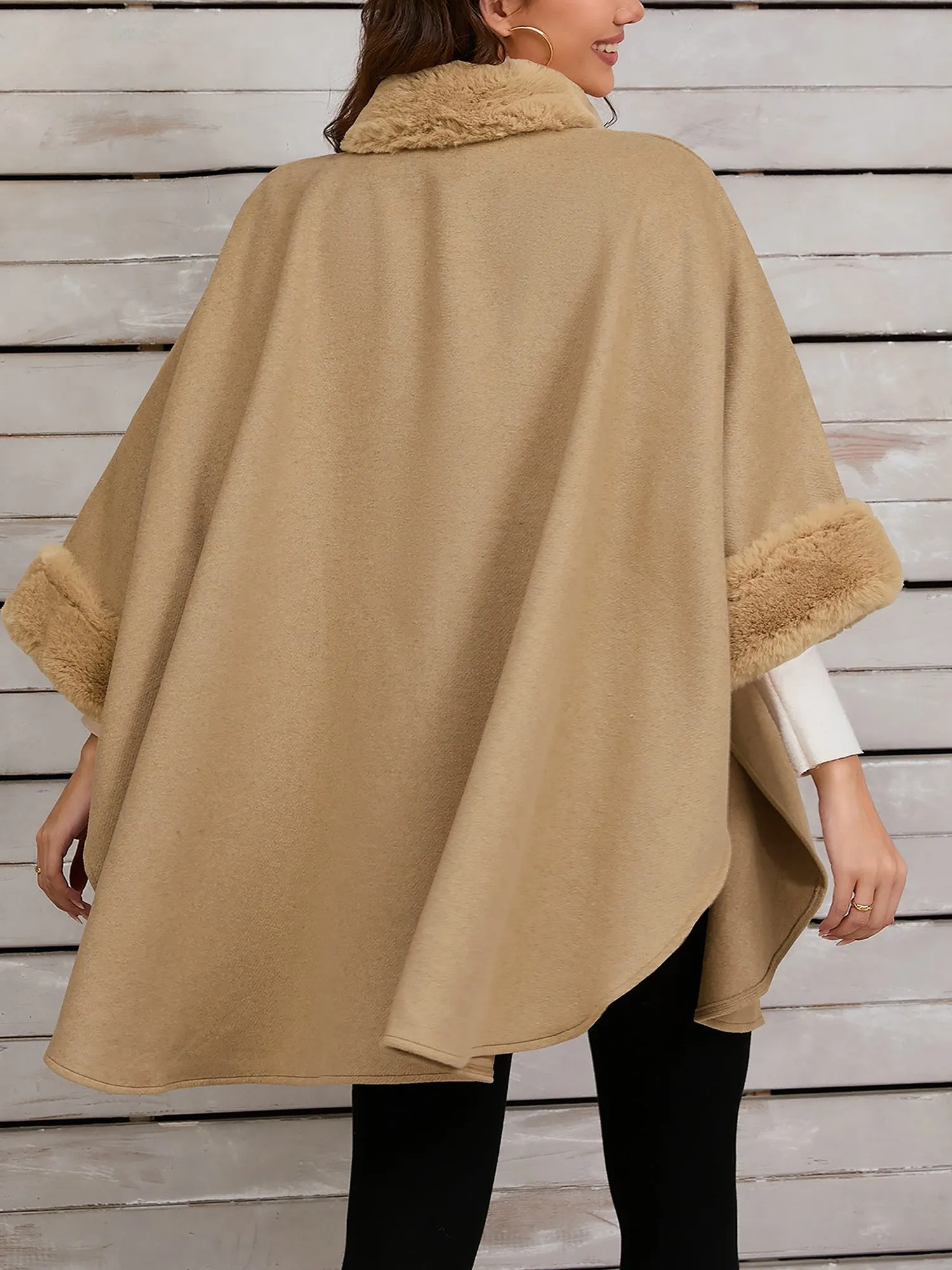 Faux Fur Collar Solid Color Cape Cloak Coat sold by Allegra K product image thumbnail 2