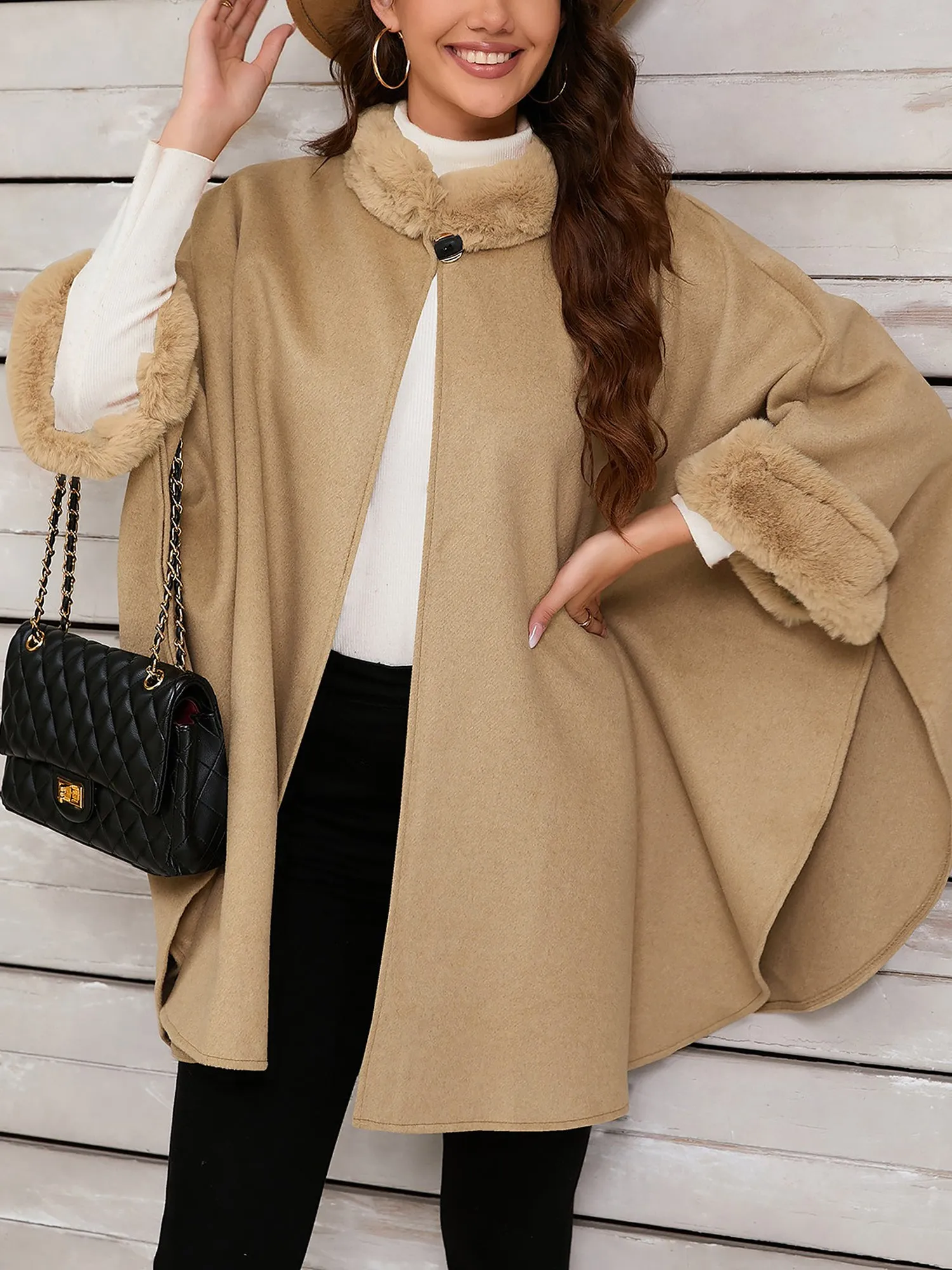 Faux Fur Collar Solid Color Cape Cloak Coat sold by Allegra K