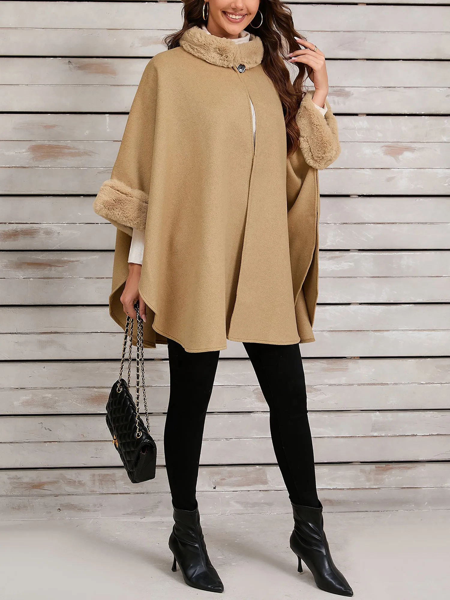 Faux Fur Collar Solid Color Cape Cloak Coat sold by Allegra K product image thumbnail 3