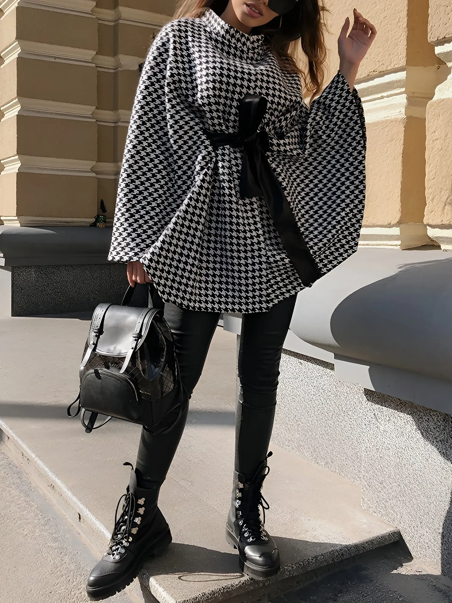 Houndstooth Mock Neck Lace-Up Cape Cloak Jacket sold by Allegra K product image thumbnail 2