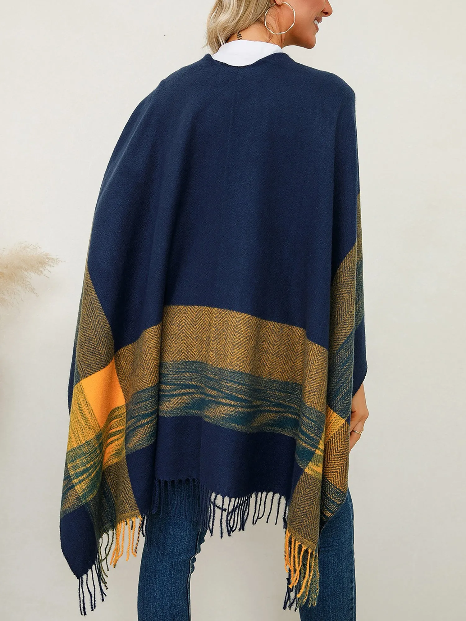 Plaid Shawl Scarf Knitted Poncho Cape Cloak Jacket sold by Allegra K product image thumbnail 2