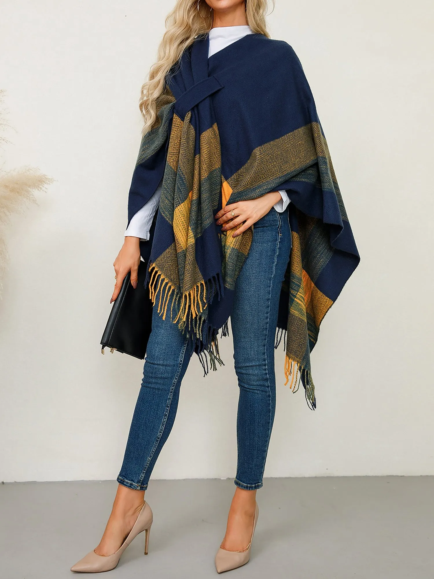 Plaid Shawl Scarf Knitted Poncho Cape Cloak Jacket sold by Allegra K product image thumbnail 3