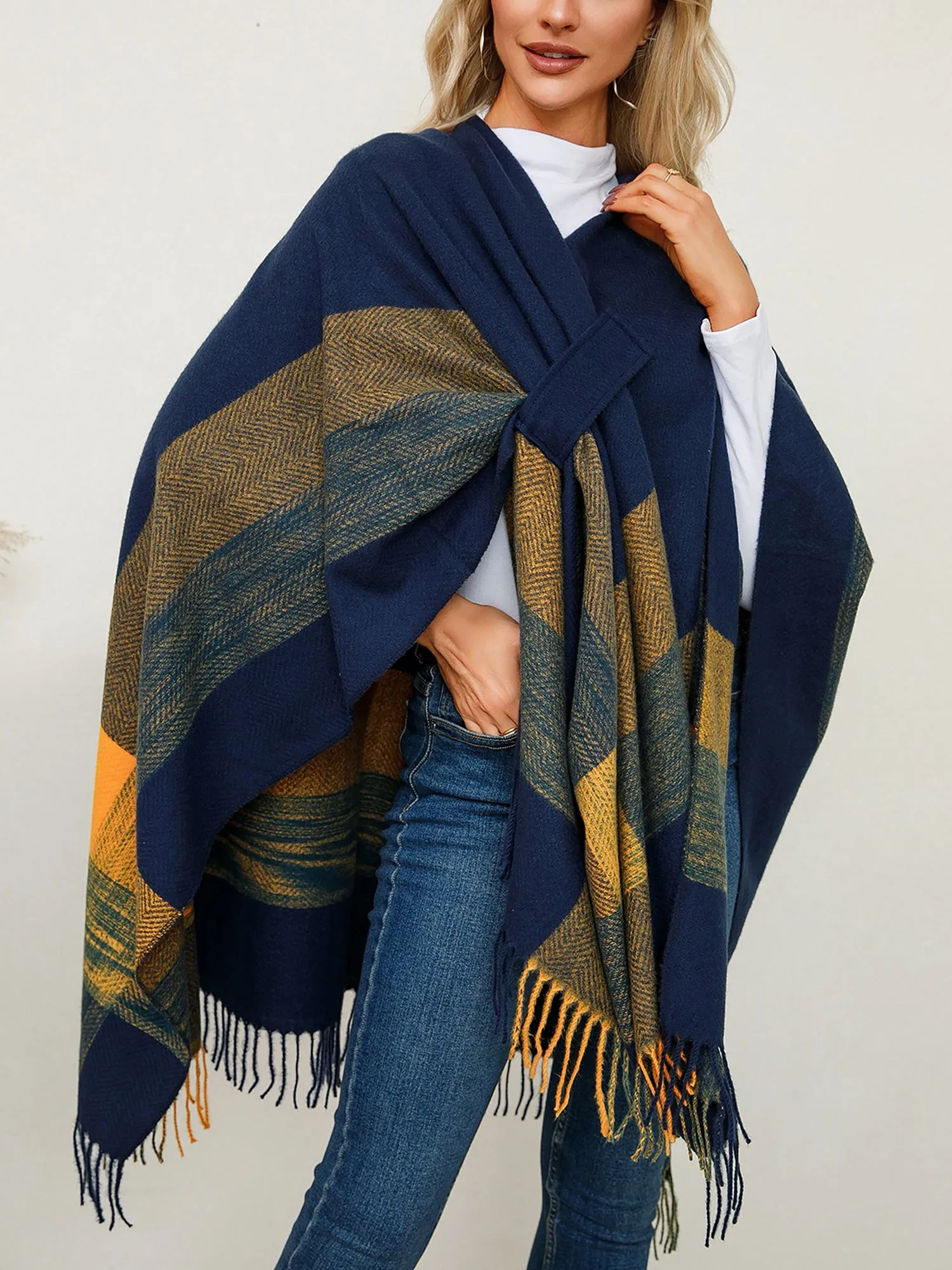 Plaid Shawl Scarf Knitted Poncho Cape Cloak Jacket sold by Allegra K