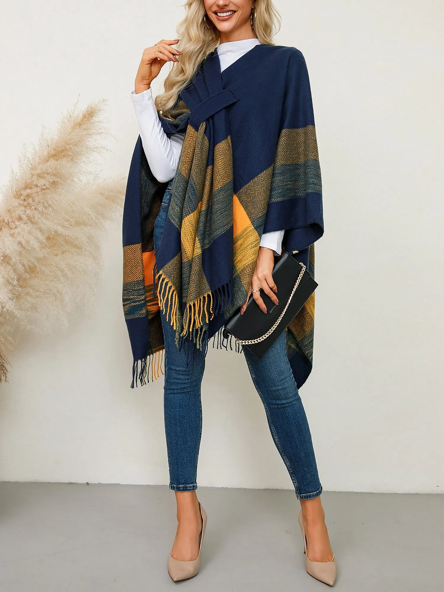 Plaid Shawl Scarf Knitted Poncho Cape Cloak Jacket sold by Allegra K product image thumbnail 4