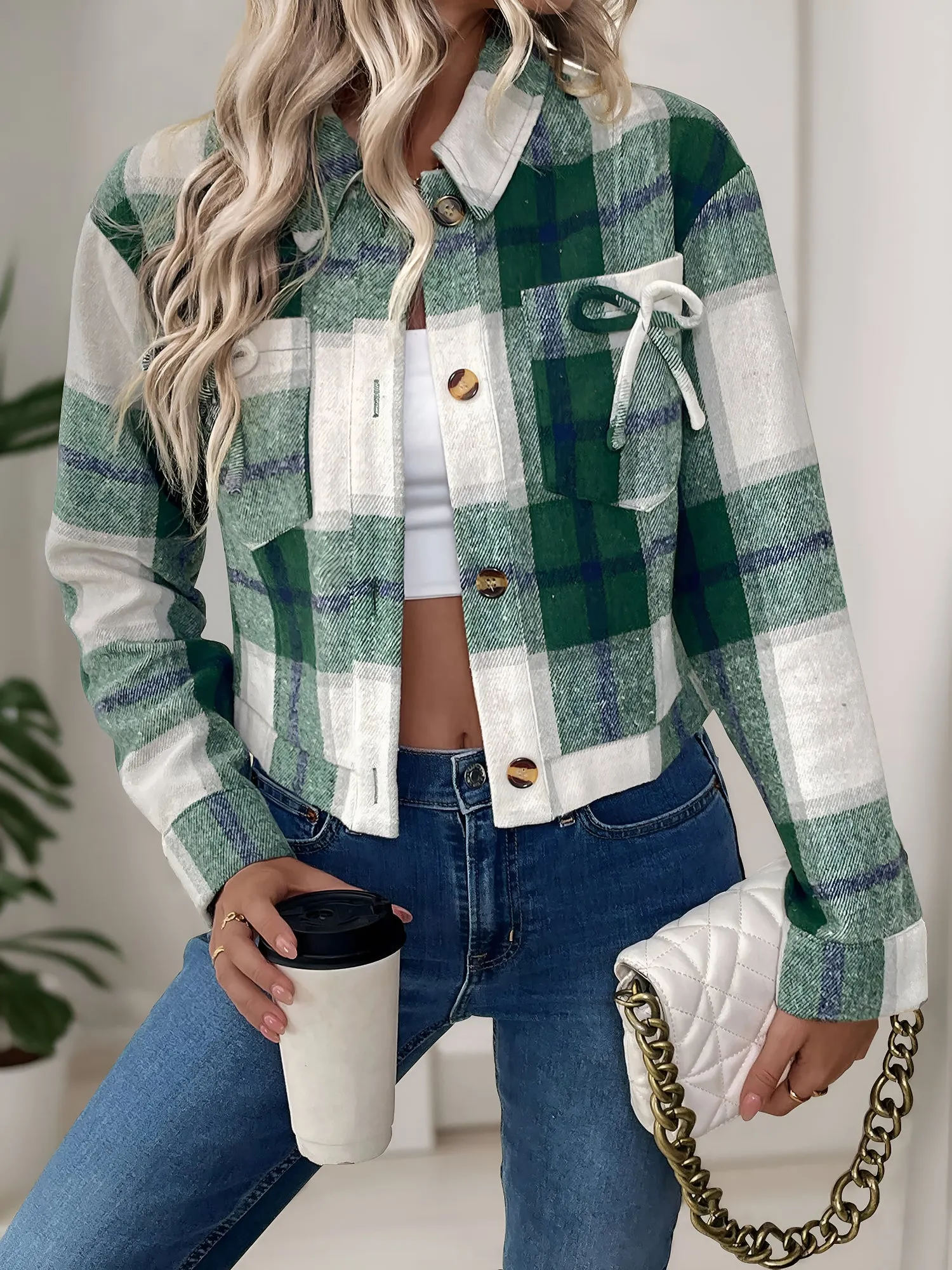 Plaid Casual Turn Down Collar Cropped Jacket sold by Allegra K product image thumbnail 5