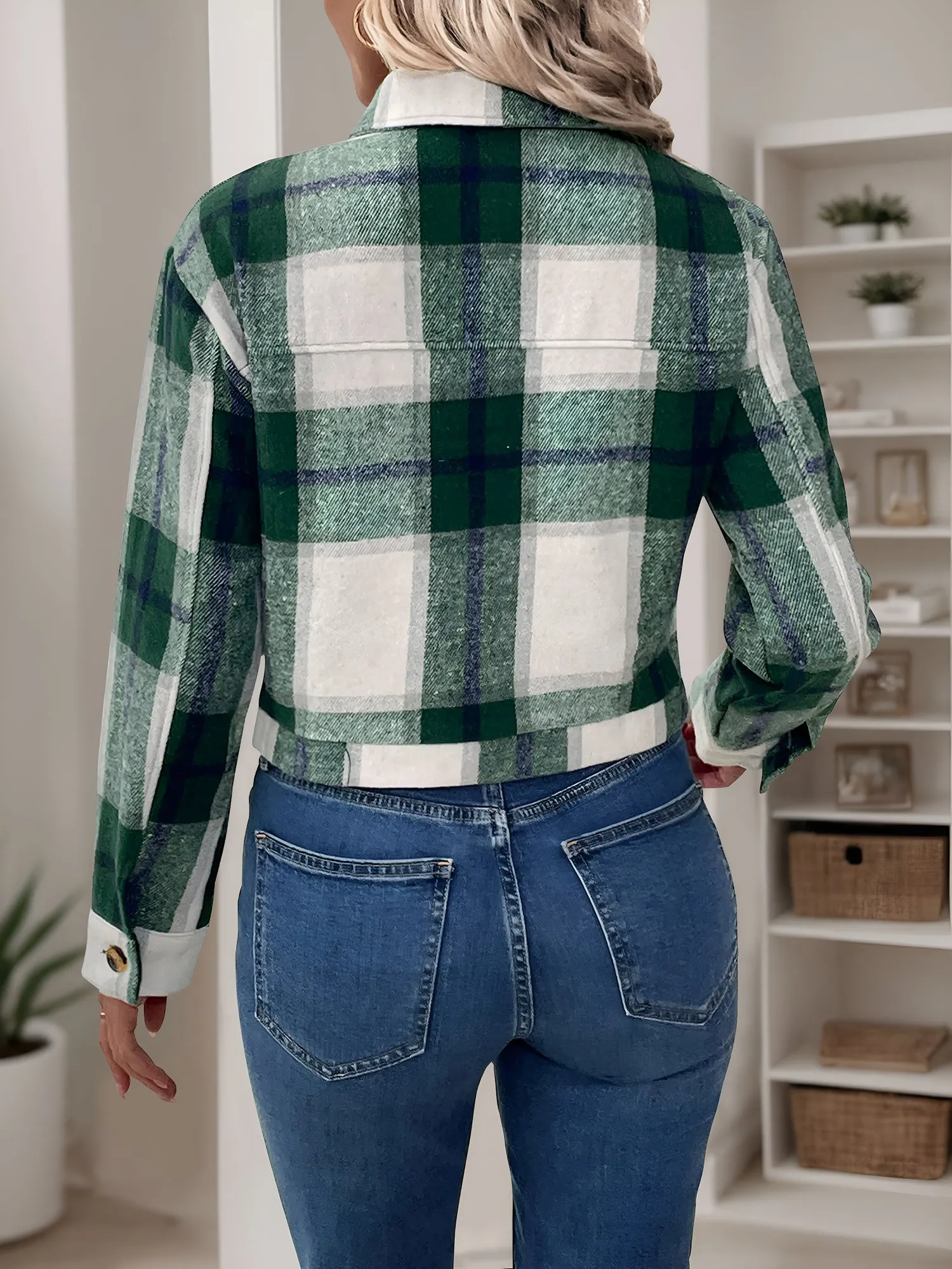 Plaid Casual Turn Down Collar Cropped Jacket sold by Allegra K product image thumbnail 2