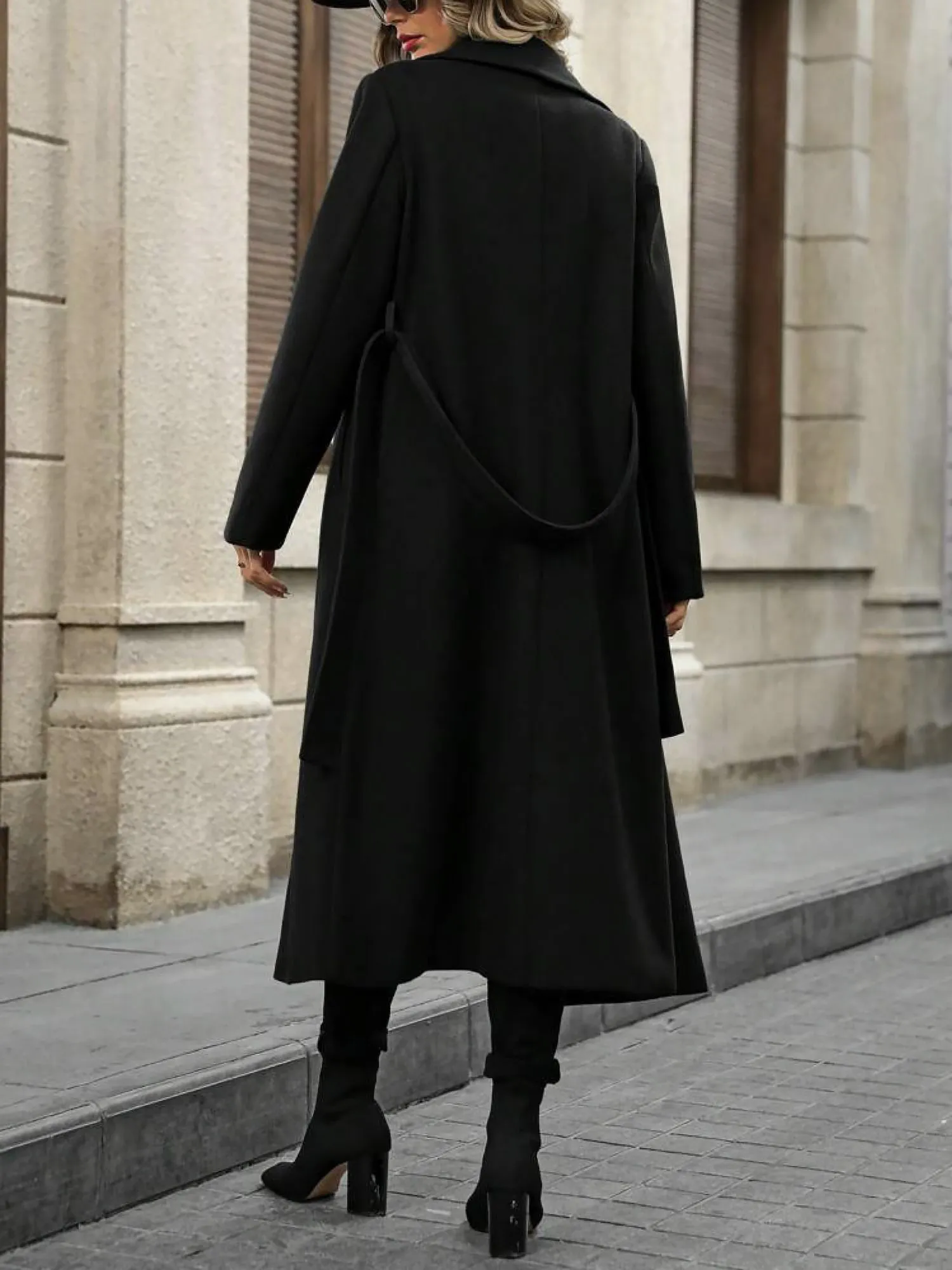 Notched Lapel Double Breasted Solid Color Long Coat sold by Allegra K product image thumbnail 2