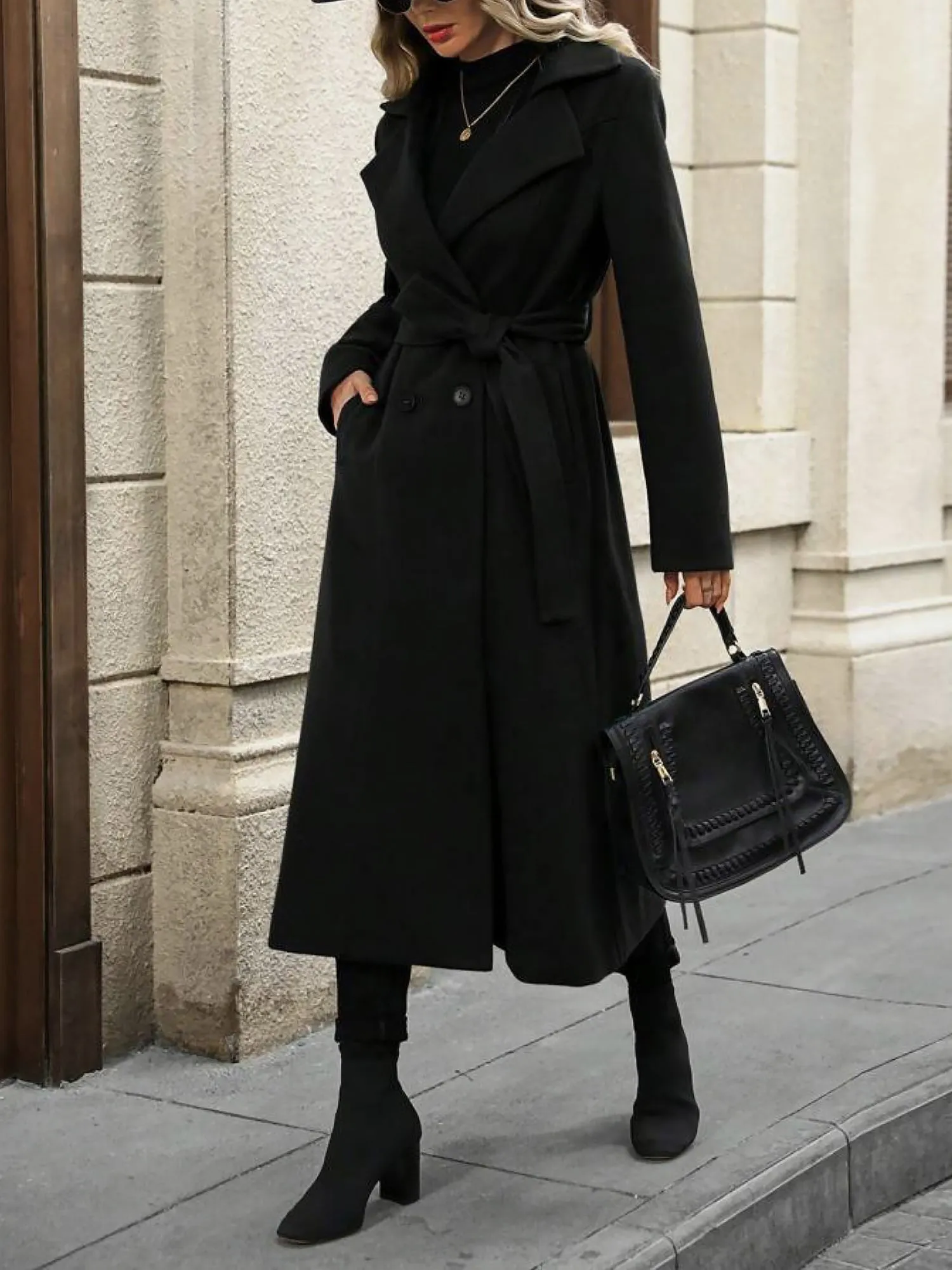 Notched Lapel Double Breasted Solid Color Long Coat sold by Allegra K