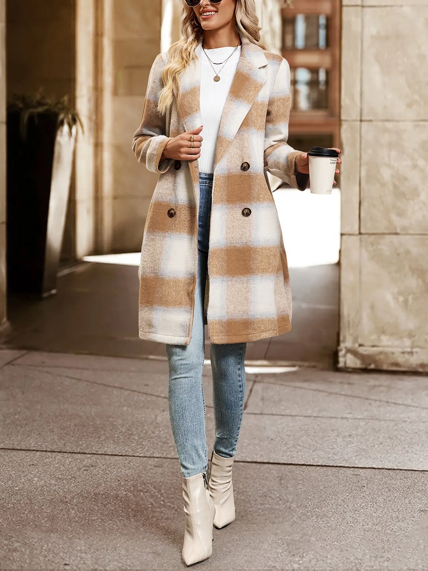 Double Breasted Brushed Plaid Mid-length Jacket sold by Allegra K product image thumbnail 3