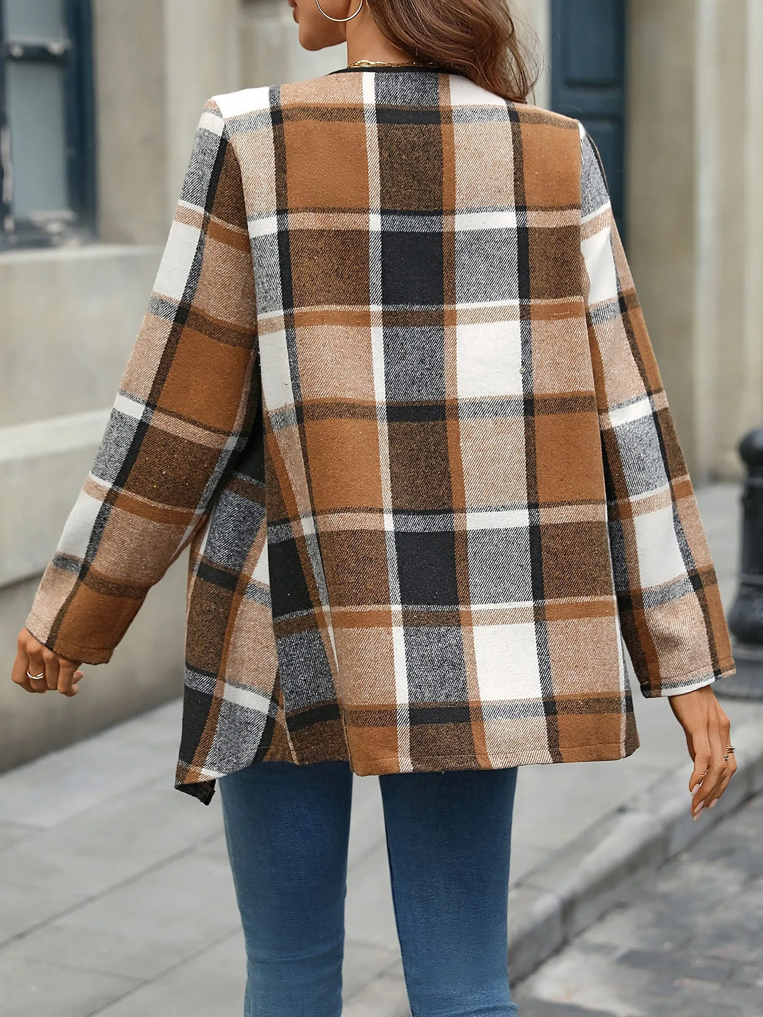 Plaid Long Sleeves Irregular Hem Open Front Jacket sold by Allegra K product image thumbnail 2