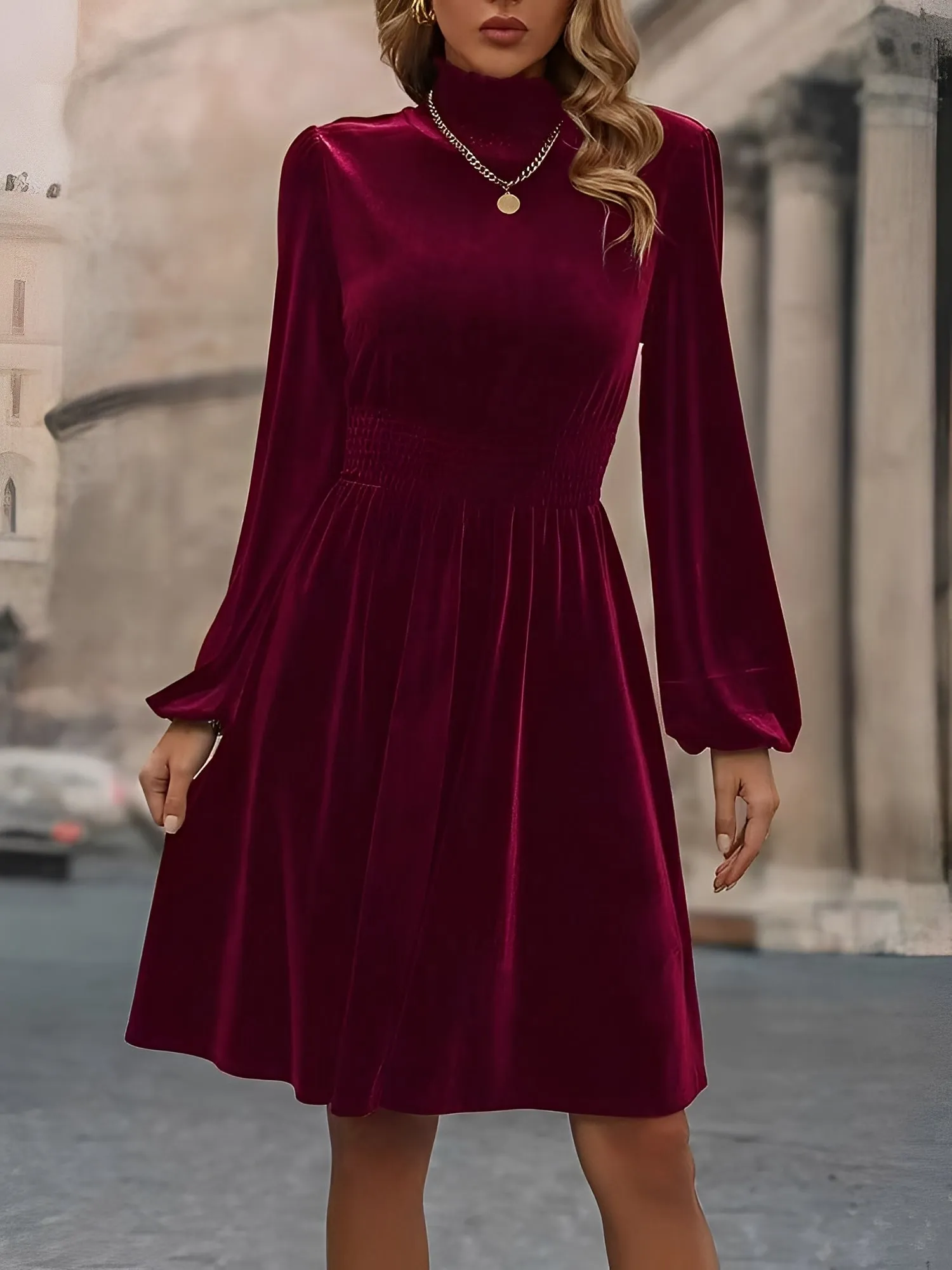 Velvet Smocked Neck Puff Long Sleeves A-Line Dress sold by Allegra K product image thumbnail 5