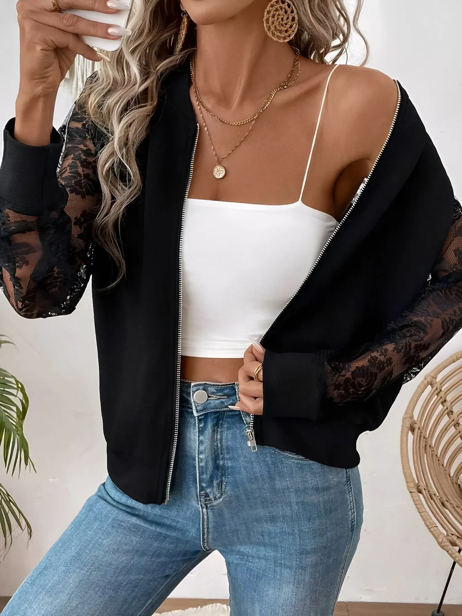 Sheer Lace Long Sleeve Patchwork Bomber Jacket sold by Allegra K product image thumbnail 5