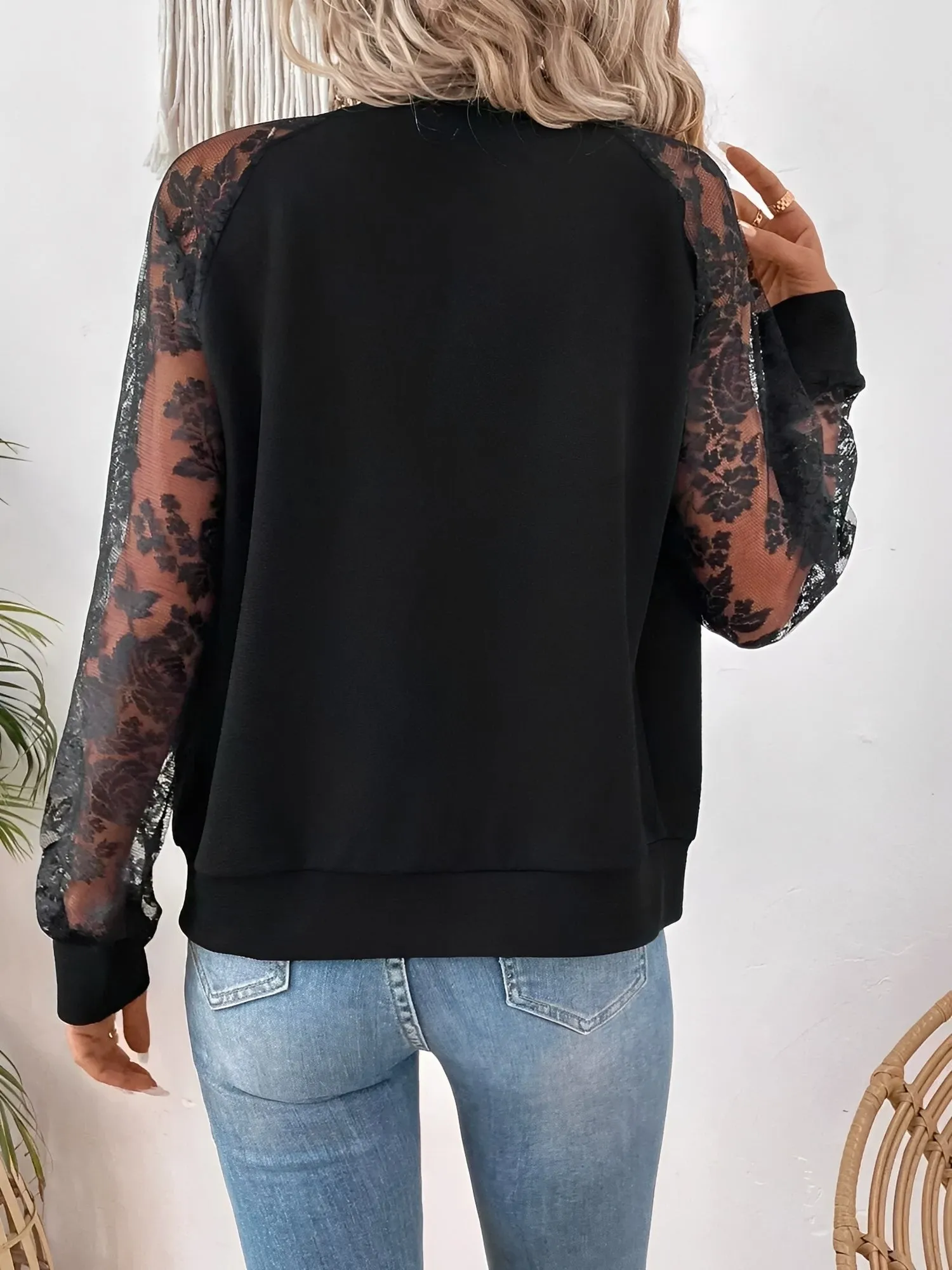 Sheer Lace Long Sleeve Patchwork Bomber Jacket sold by Allegra K product image thumbnail 3