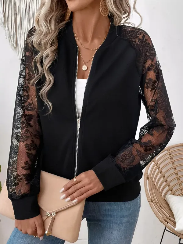 Sheer Lace Long Sleeve Patchwork Bomber Jacket sold by Allegra K