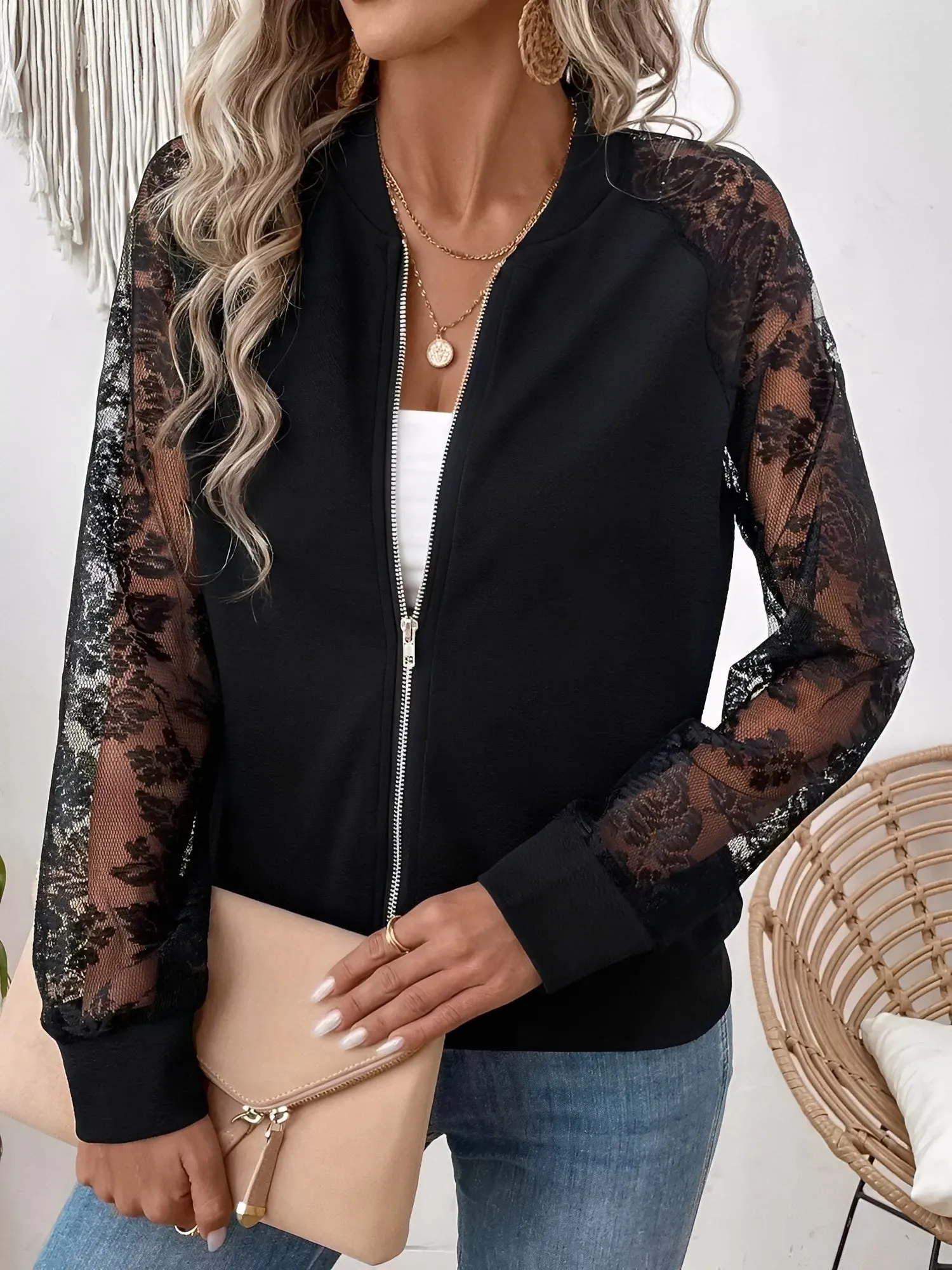 Sheer Lace Long Sleeve Patchwork Bomber Jacket sold by Allegra K