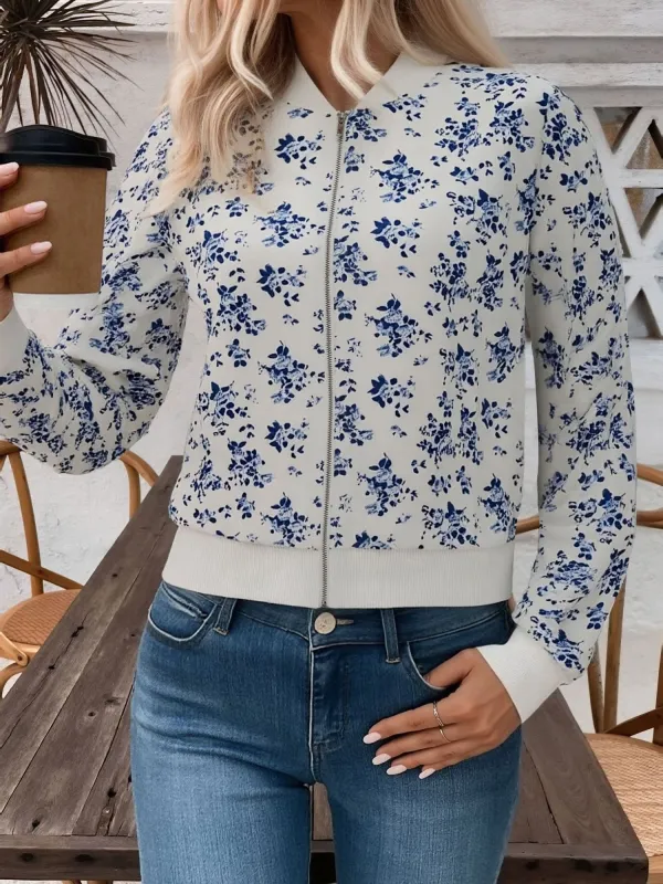 Autumn New Zipper Baseball Collar Printed Jacket Temperament Commuting Casual Versatile Jacket sold by Allegra K