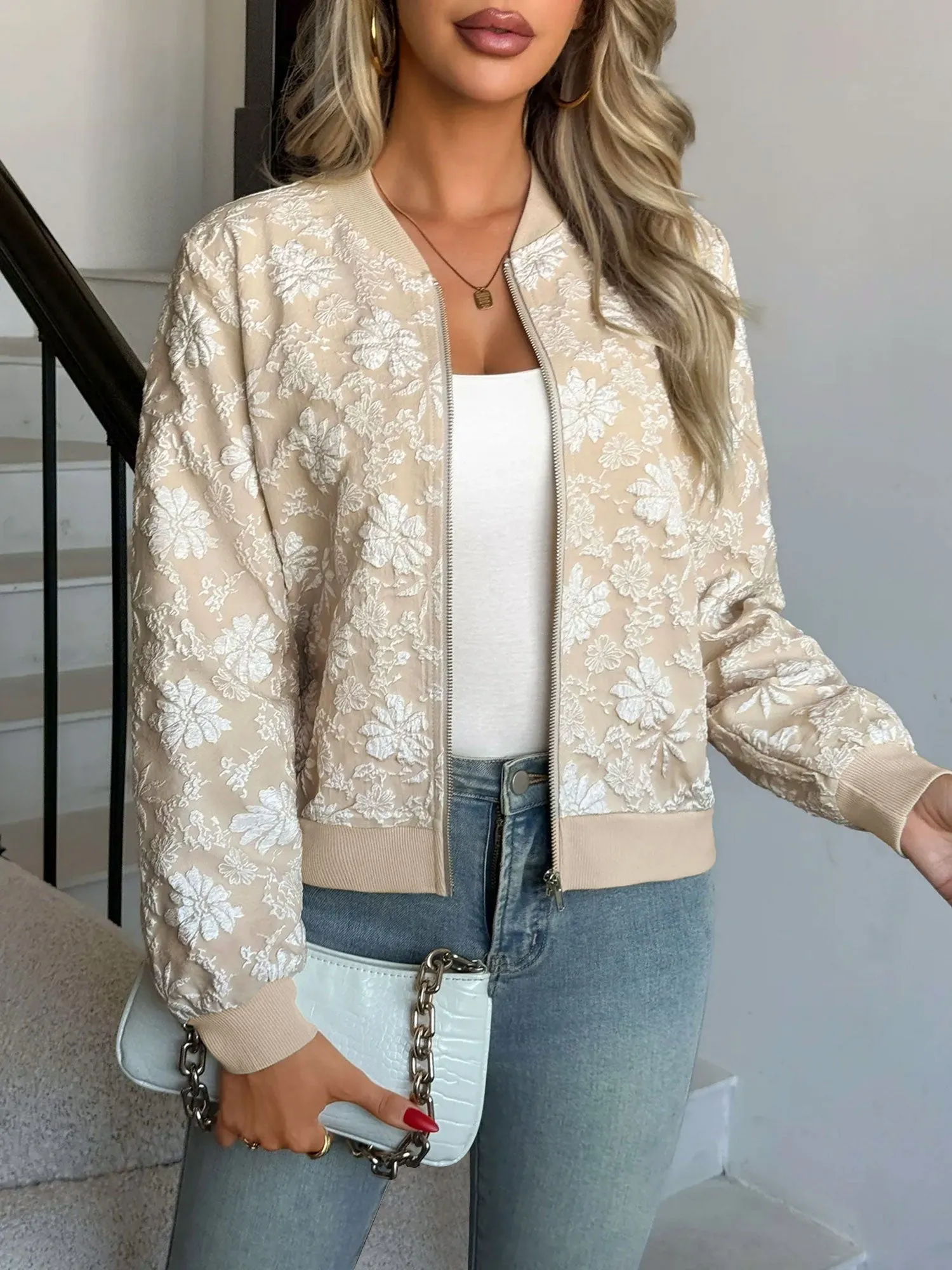 Zipper Long Sleeves Floral Textured Bomber Jacket sold by Allegra K product image thumbnail 5