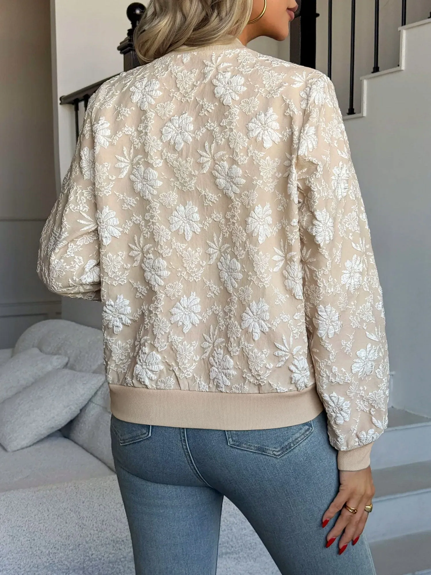 Zipper Long Sleeves Floral Textured Bomber Jacket sold by Allegra K product image thumbnail 2