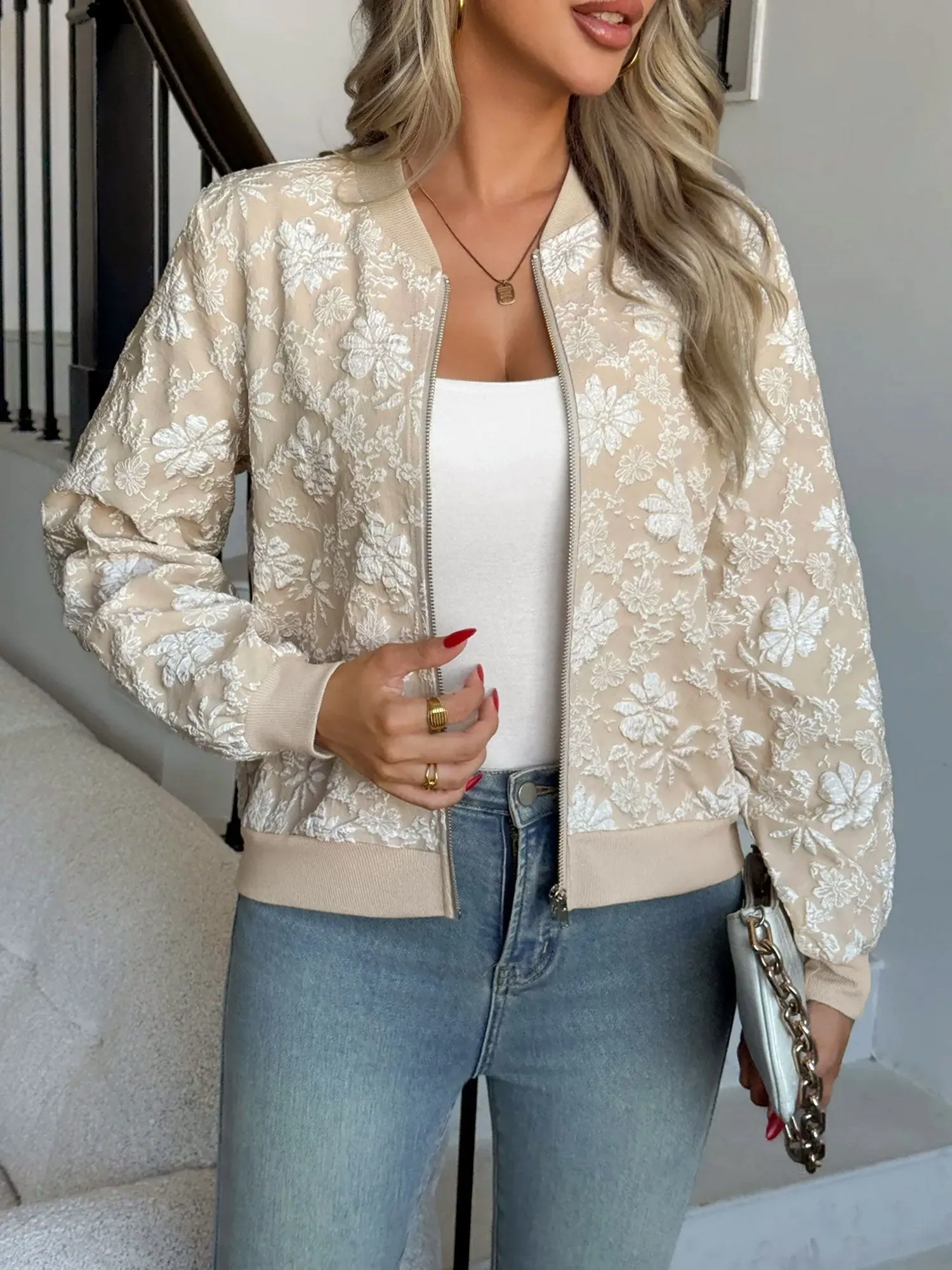 Zipper Long Sleeves Floral Textured Bomber Jacket sold by Allegra K product image thumbnail 4