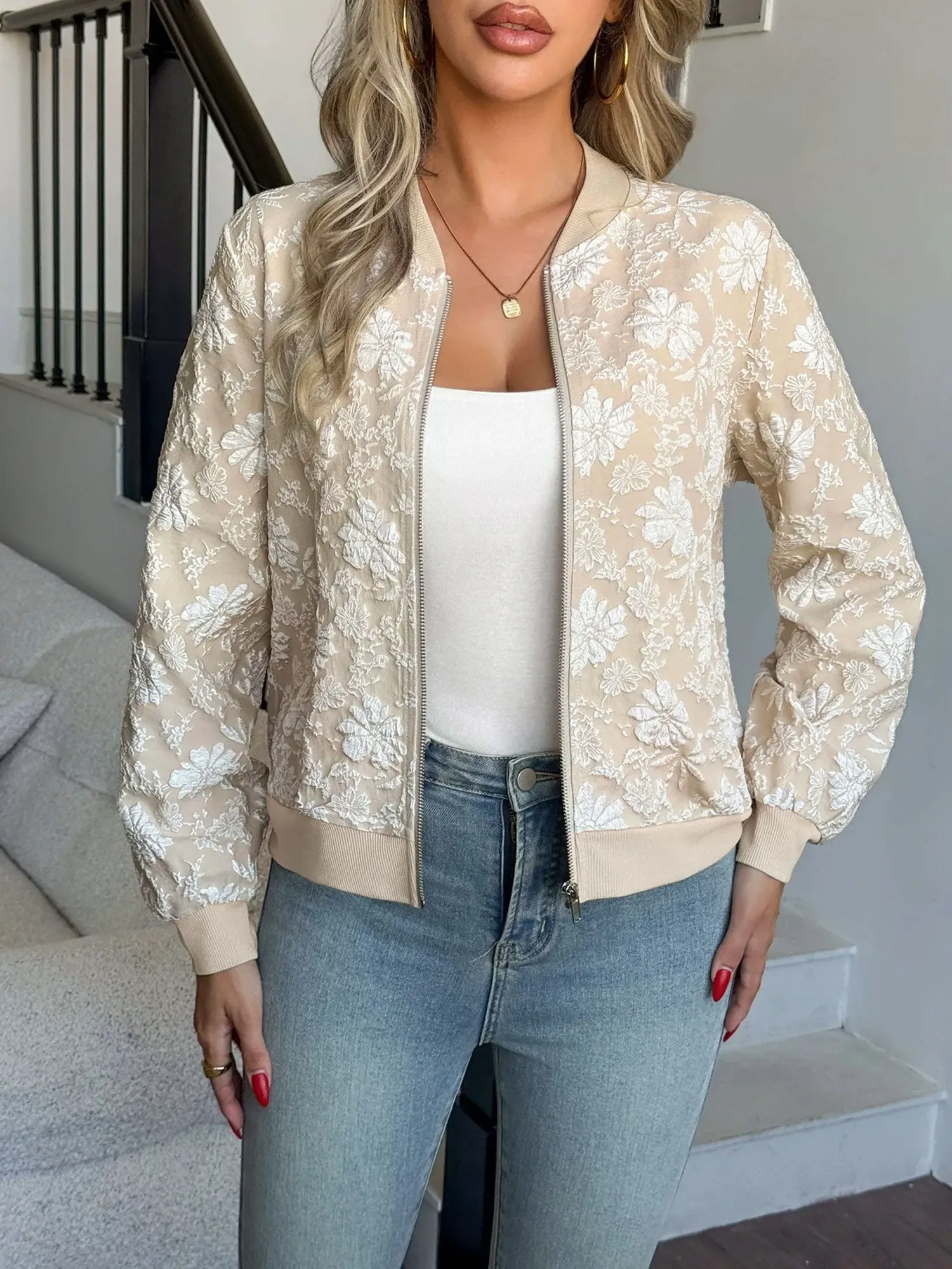 Zipper Long Sleeves Floral Textured Bomber Jacket sold by Allegra K