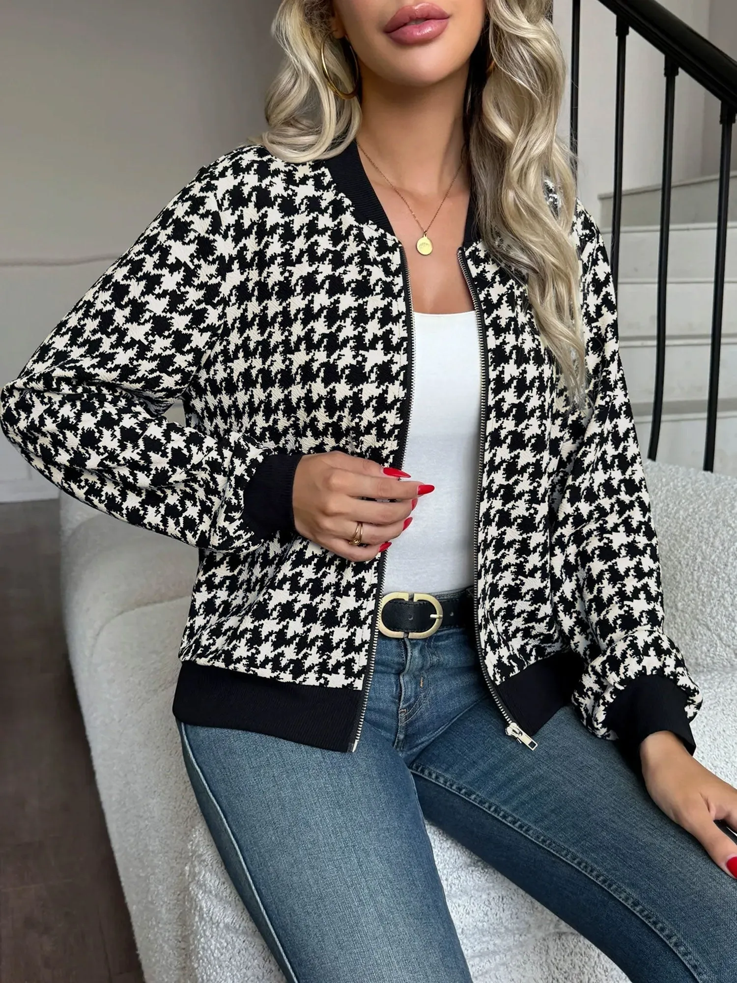 Zipper Long Sleeves Houndstooth Bomber Jacket sold by Allegra K product image thumbnail 3