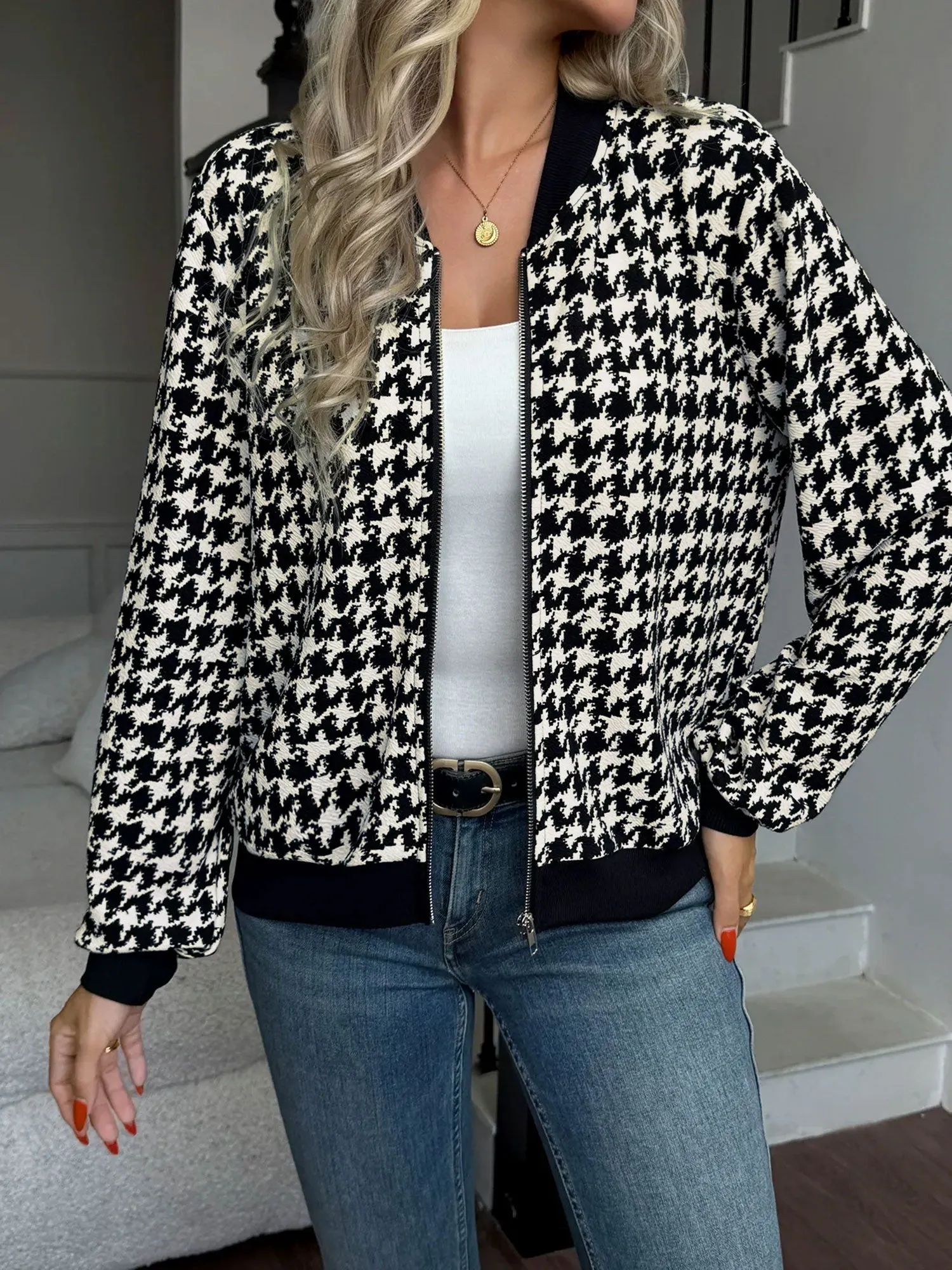 Zipper Long Sleeves Houndstooth Bomber Jacket sold by Allegra K