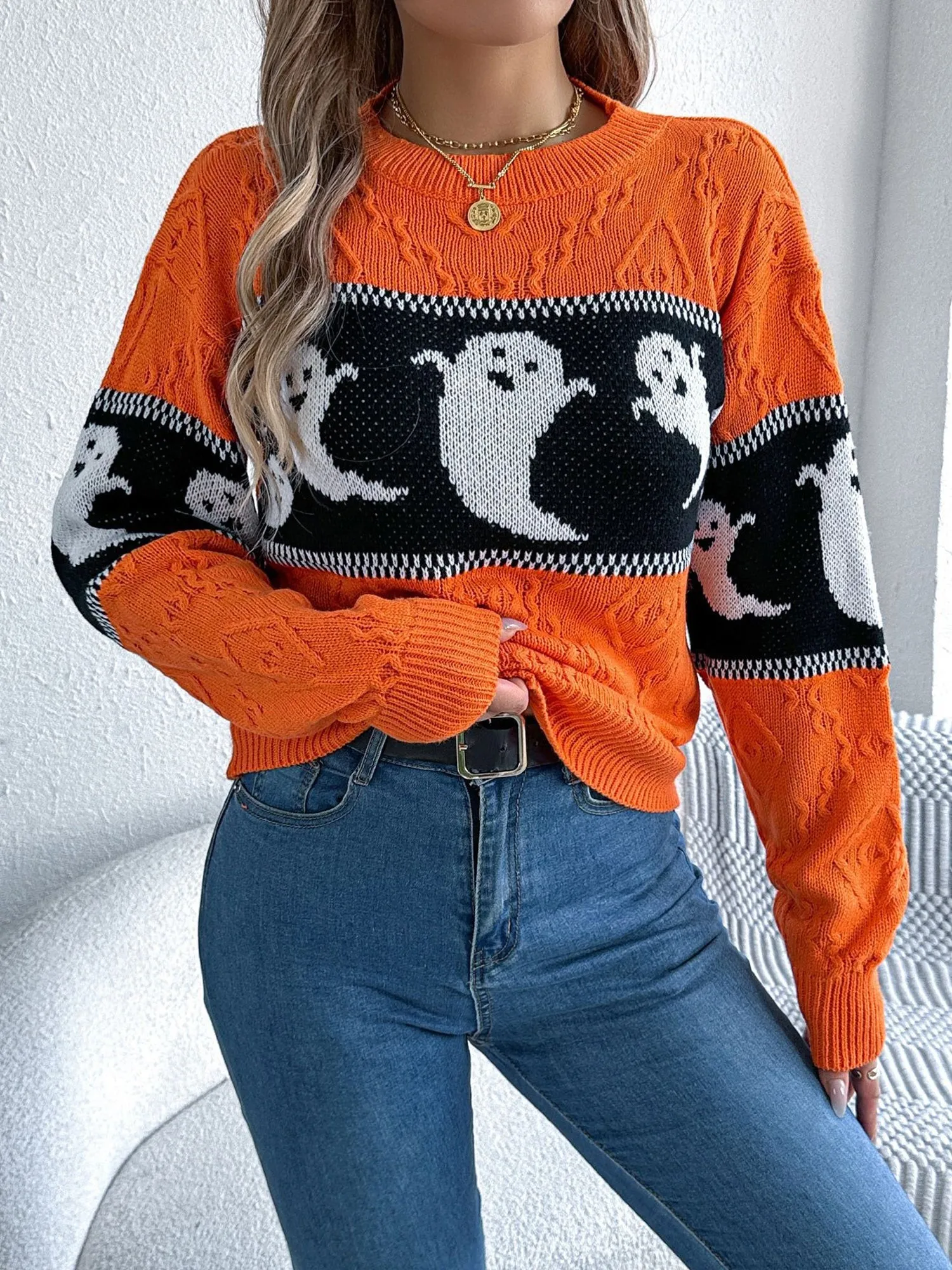Halloween Ghost Colorblock Long Sleeves Pullover Sweater sold by Allegra K