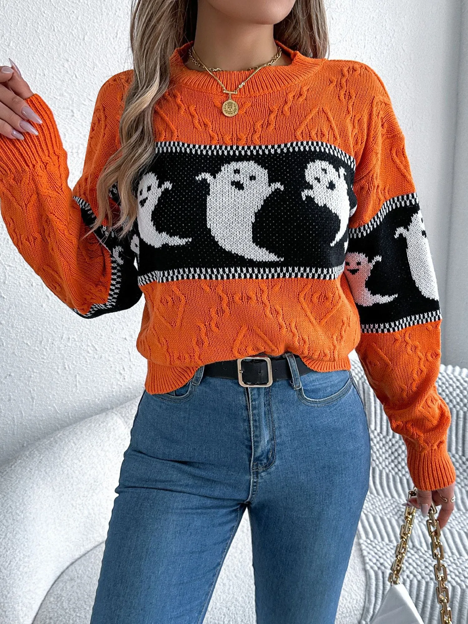 Halloween Ghost Colorblock Long Sleeves Pullover Sweater sold by Allegra K product image thumbnail 3