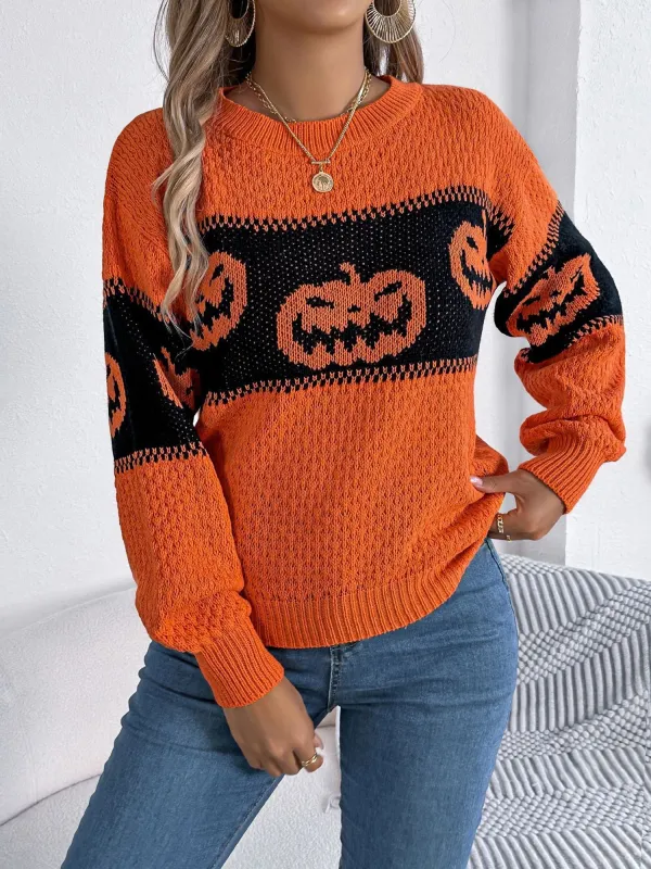 Halloween Pumpkin Colorblock Round Neck Pullover Sweater sold by Allegra K