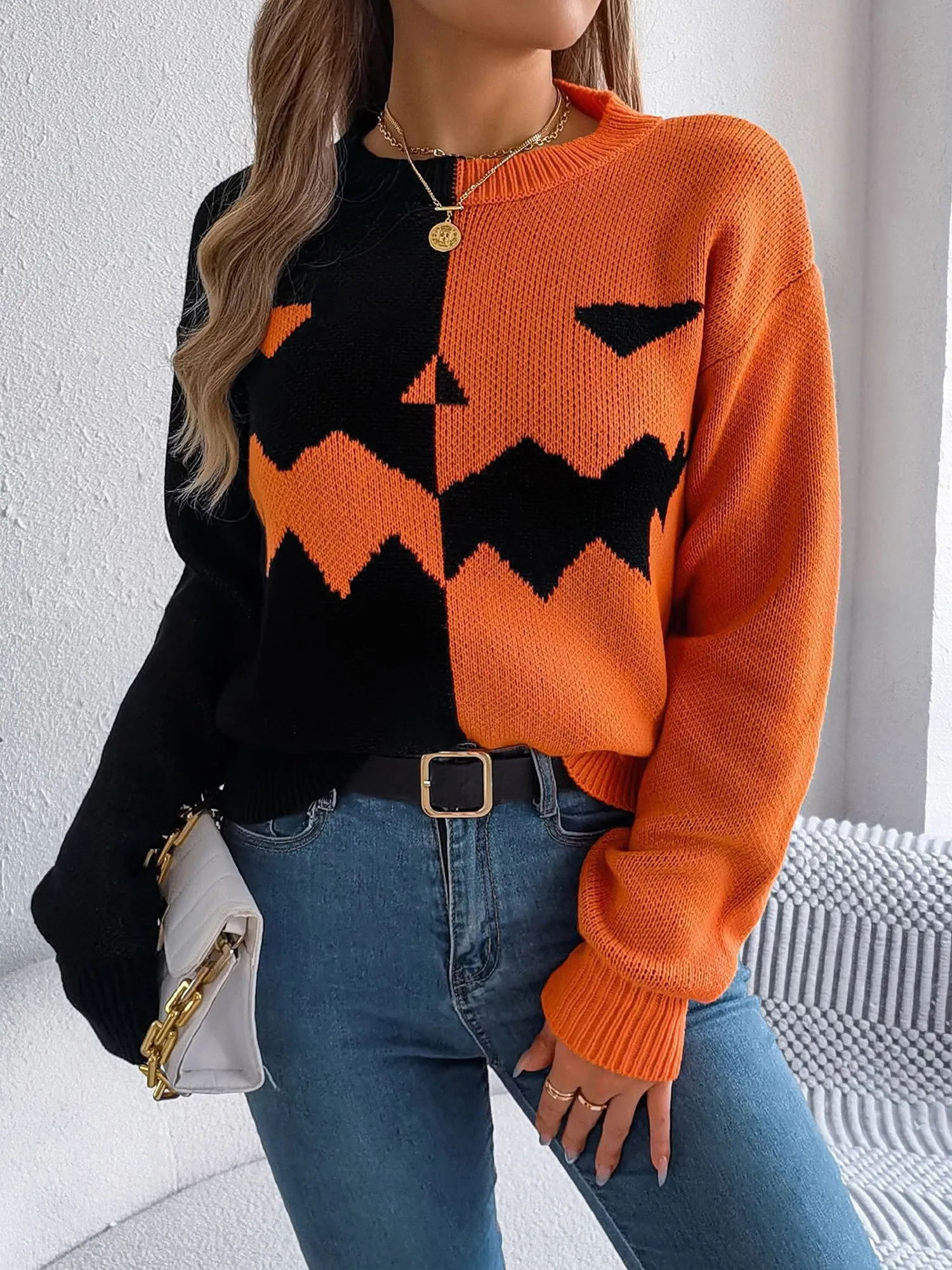 Halloween Ghost Pumpkin Contrast Color Long Sleeve Pullover Sweater sold by Allegra K product image thumbnail 4