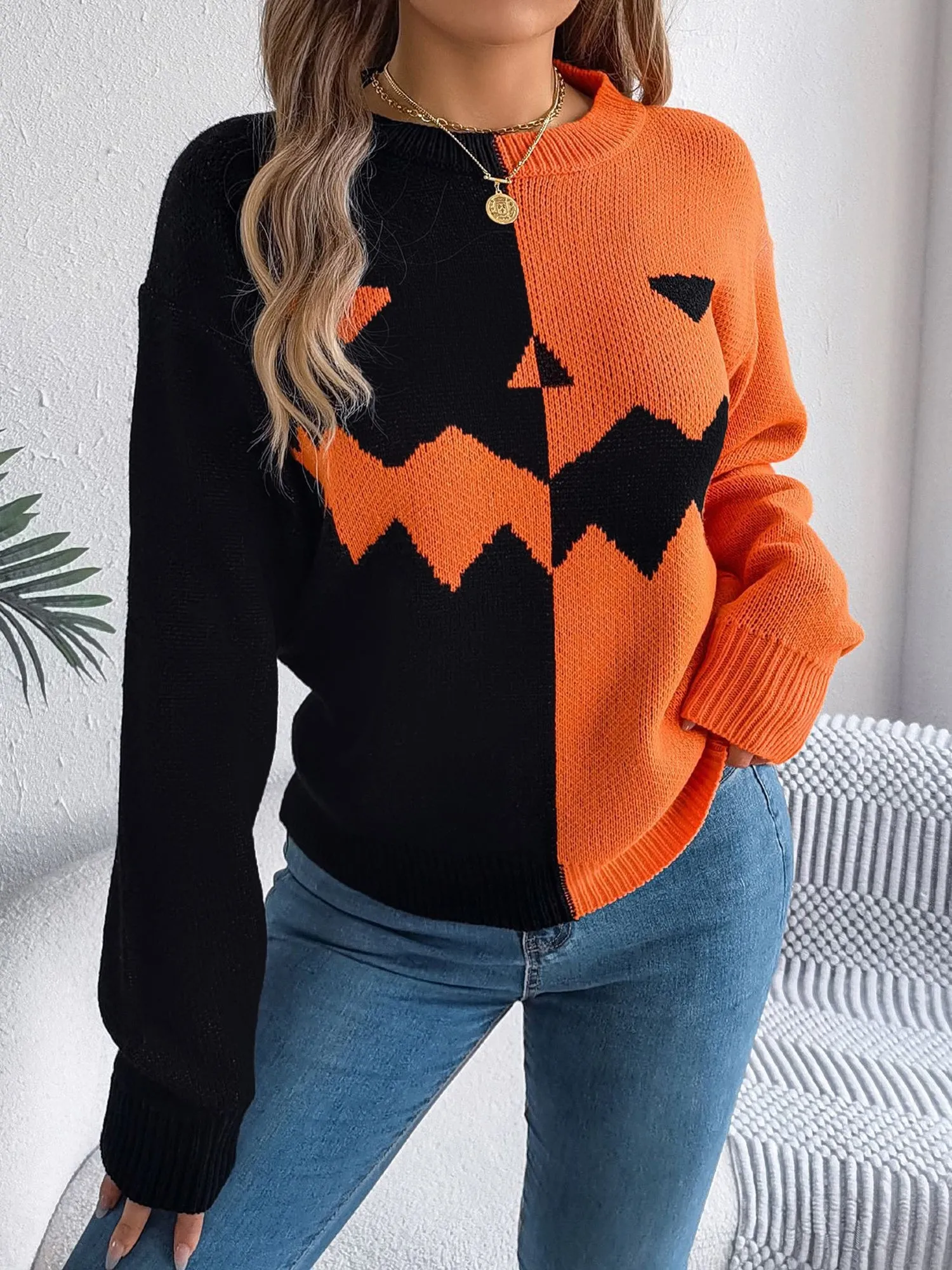 Halloween Ghost Pumpkin Contrast Color Long Sleeve Pullover Sweater sold by Allegra K