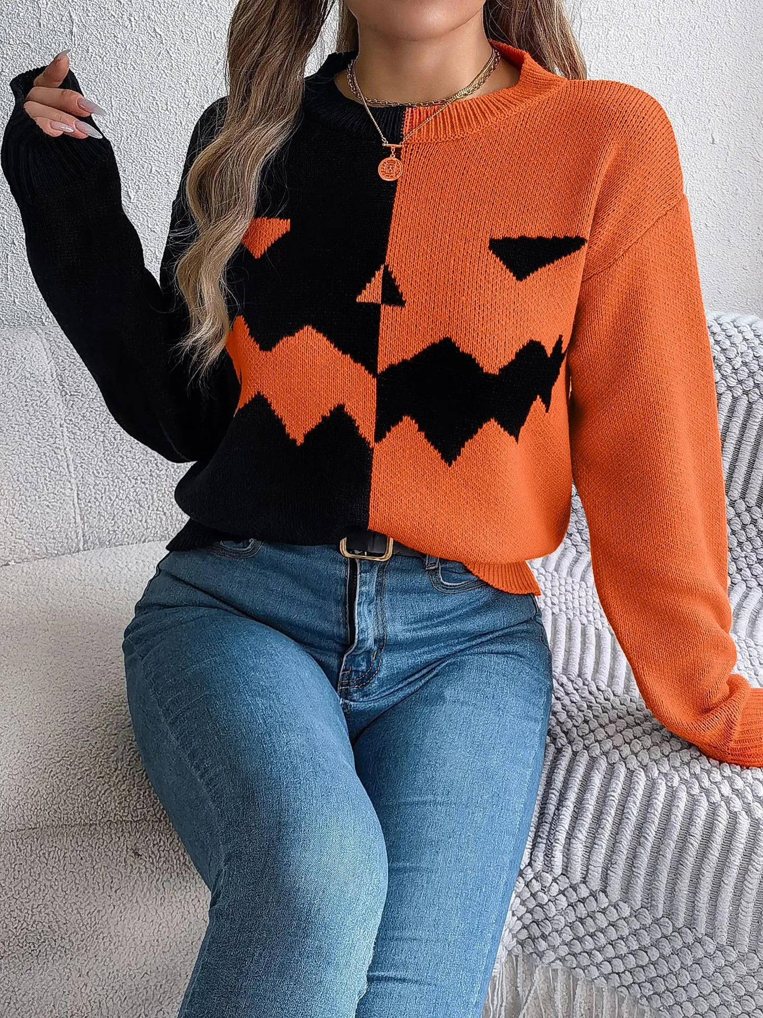 Halloween Ghost Pumpkin Contrast Color Long Sleeve Pullover Sweater sold by Allegra K product image thumbnail 5