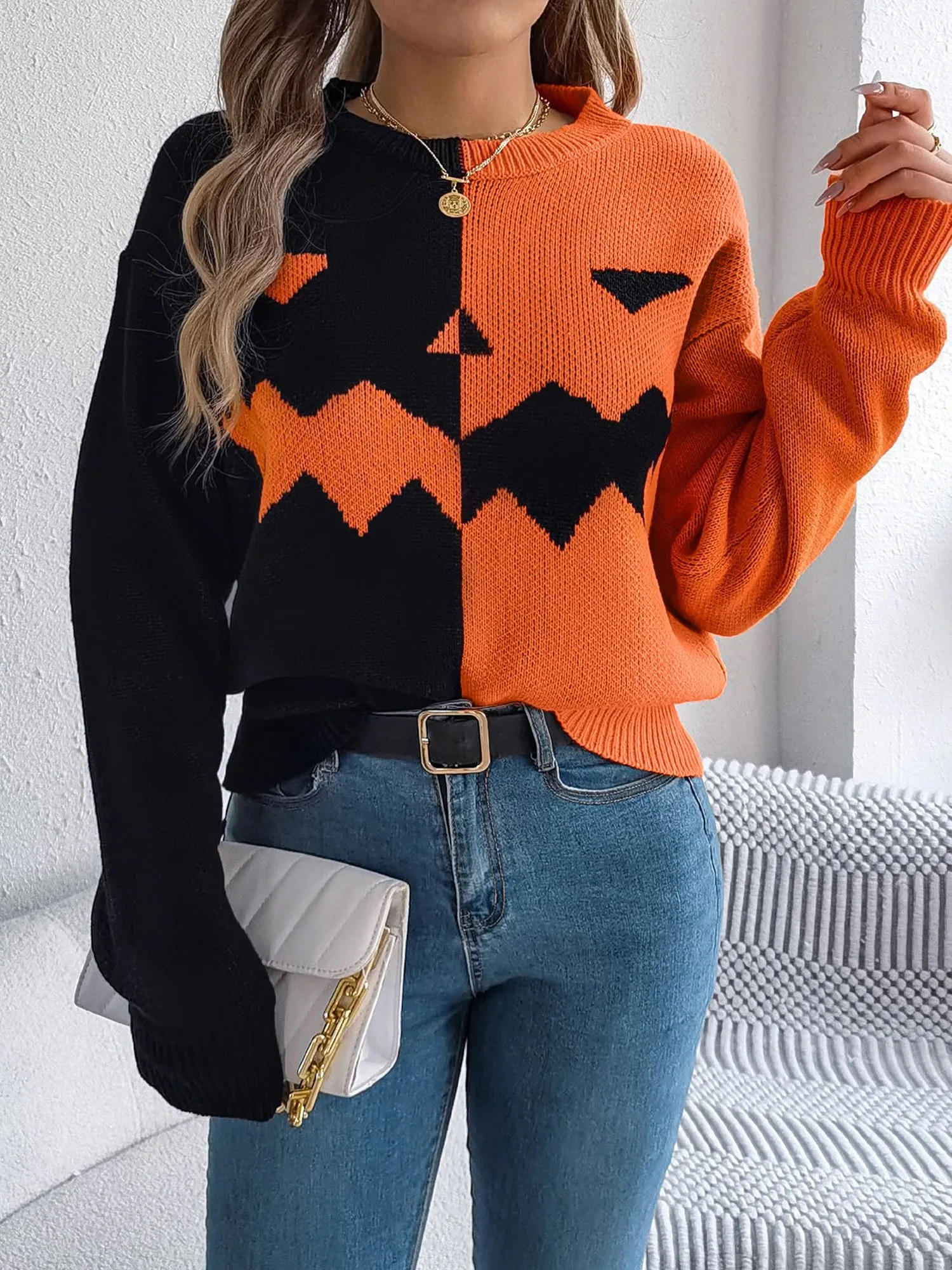Halloween Ghost Pumpkin Contrast Color Long Sleeve Pullover Sweater sold by Allegra K product image thumbnail 3