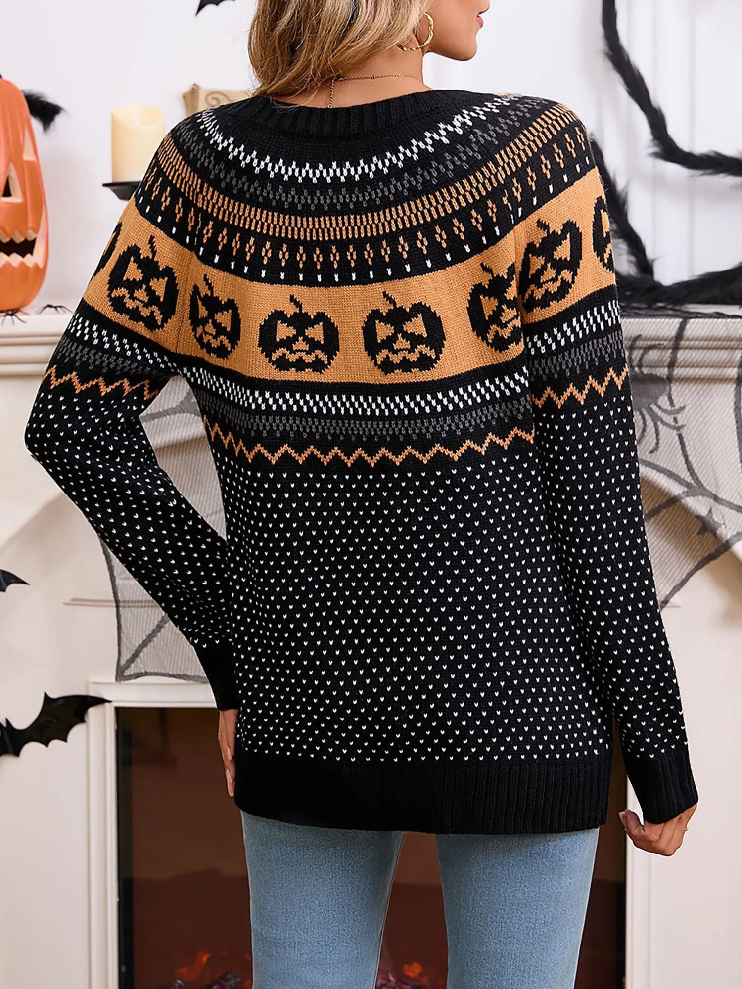 Halloween Pumpkin Long Sleeve Pullover Sweater sold by Allegra K product image thumbnail 2