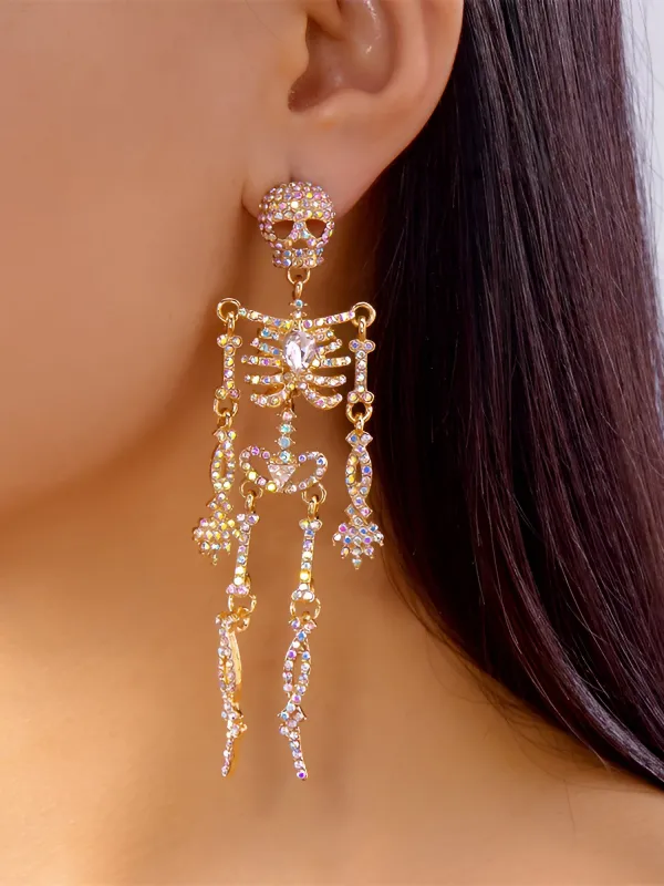 Halloween Full Skeleton Skull Diamond Glittering Earrings made by Allegra K