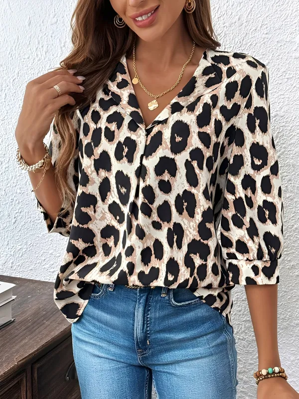 Leopard Print 3/4 Sleeves Button Down Blouse sold by Allegra K